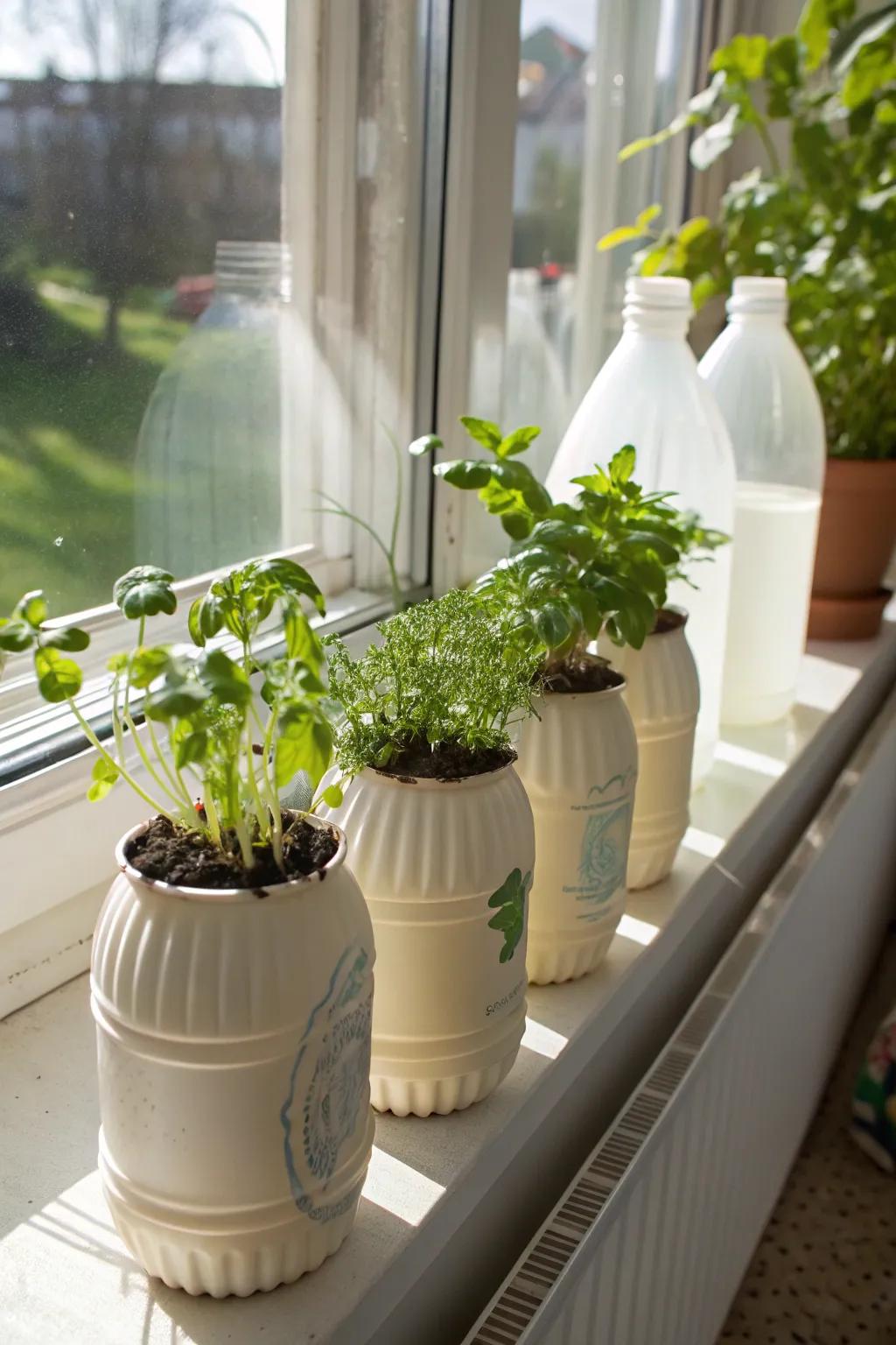 Upcycled milk bottles turned into charming plant pots for fresh herbs.