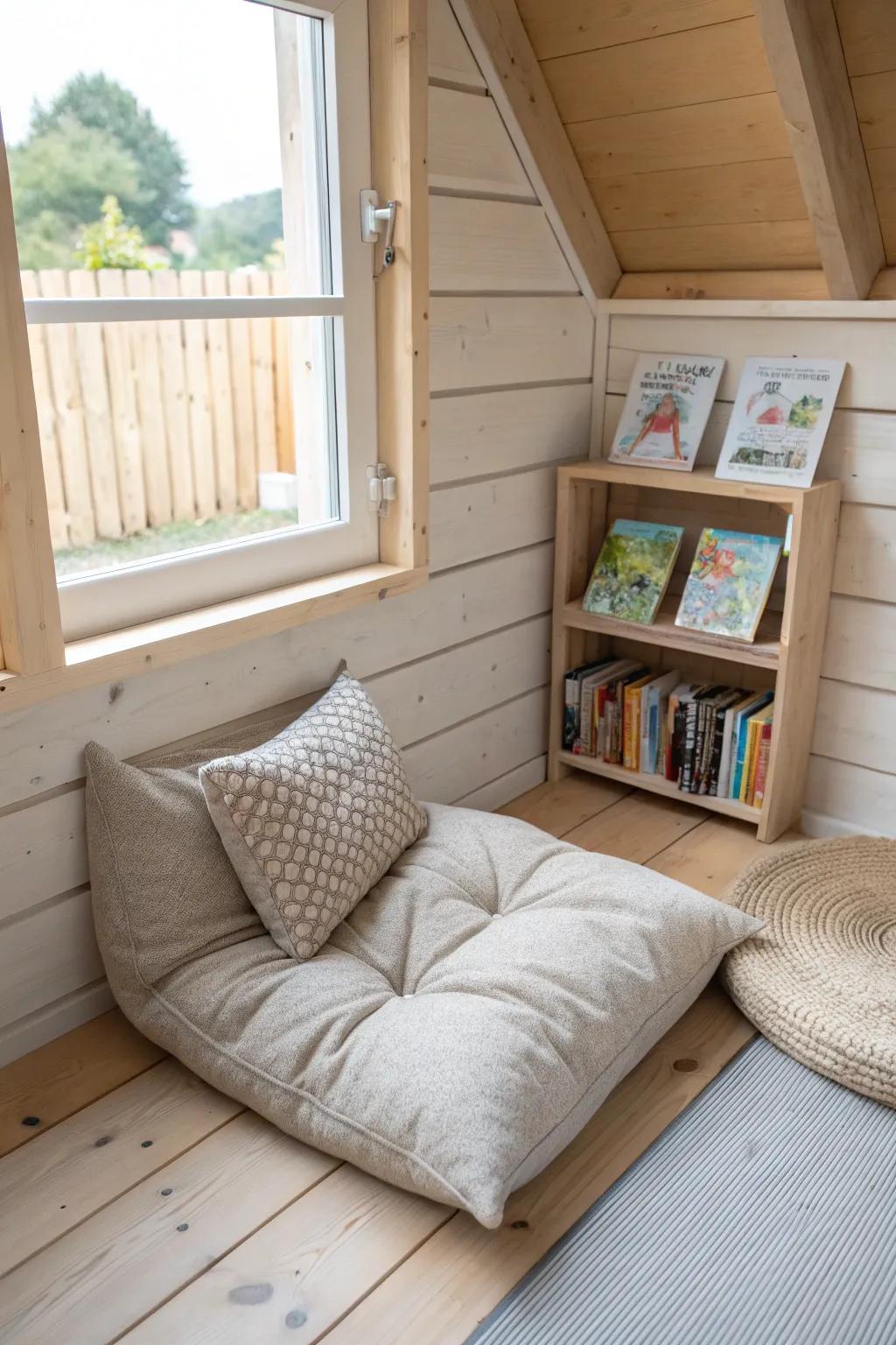 Transform your playhouse into a dreamy escape with this cozy reading nook—where stories come to life.