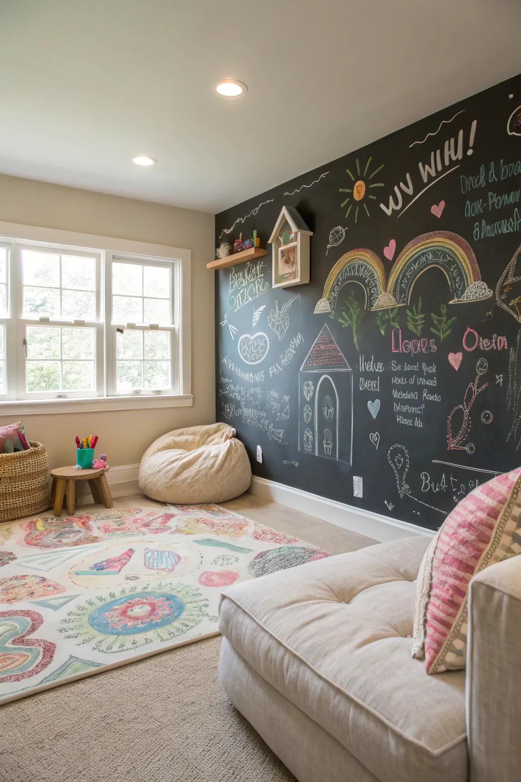 A charming playroom with a chalkboard wall for endless creativity.