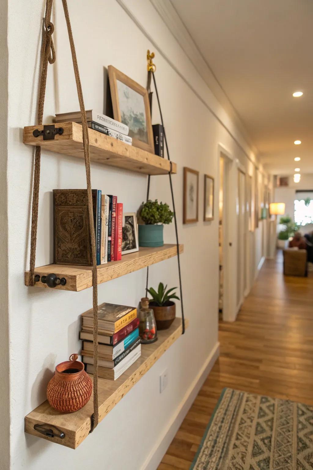 Leather straps add a rustic touch to plywood shelves.