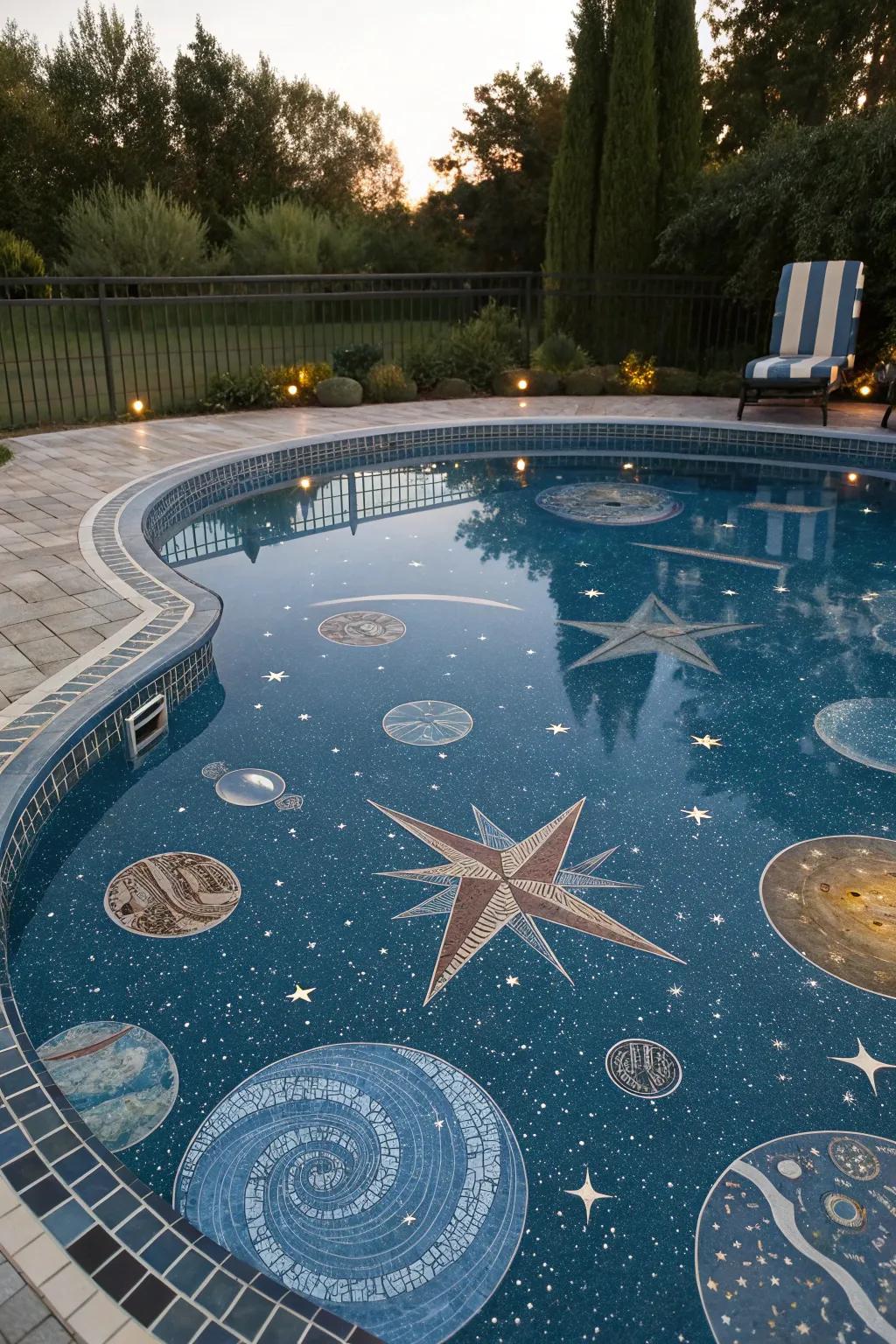 Swim under the stars with a celestial mosaic pool.