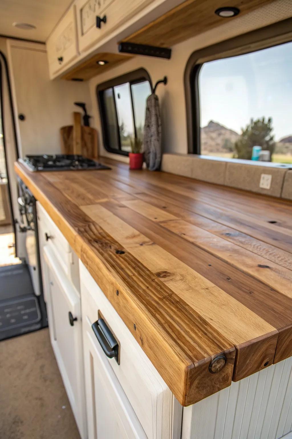Embrace rustic elegance with a handcrafted wooden countertop, adding warmth and charm to your camper experience.