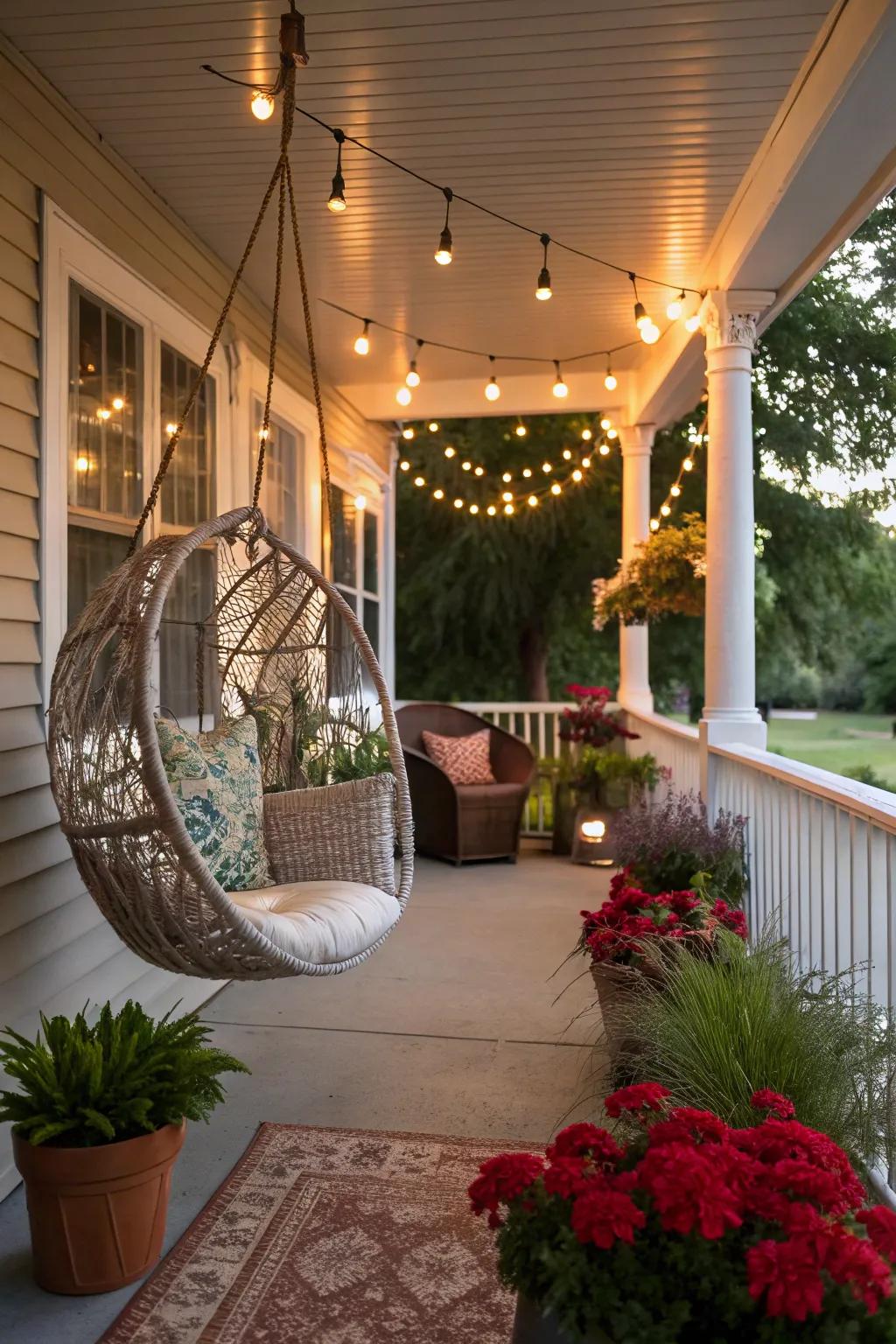 A hanging chair adds a touch of whimsy.