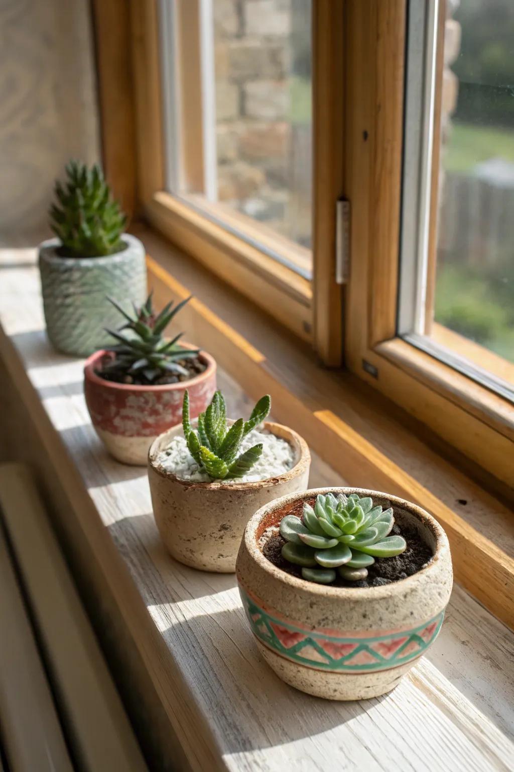 Adorable pinch pots bringing life to the windowsill.