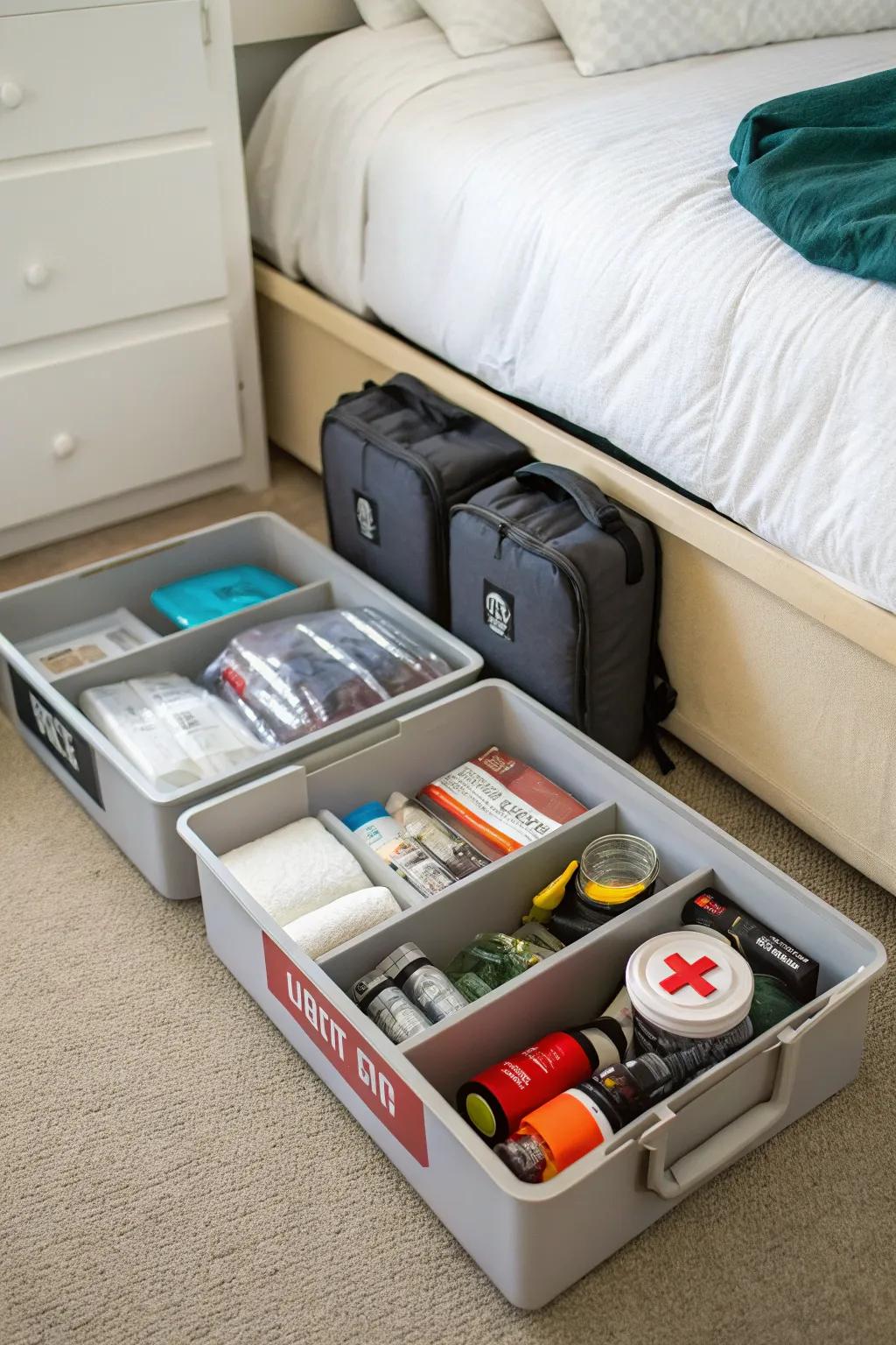 Under-bed bins are perfect for hidden storage.