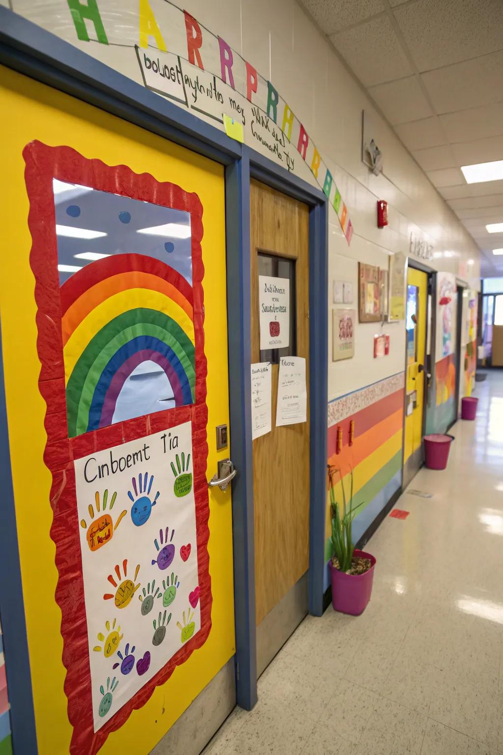 A rainbow-themed door celebrates diversity and creativity.