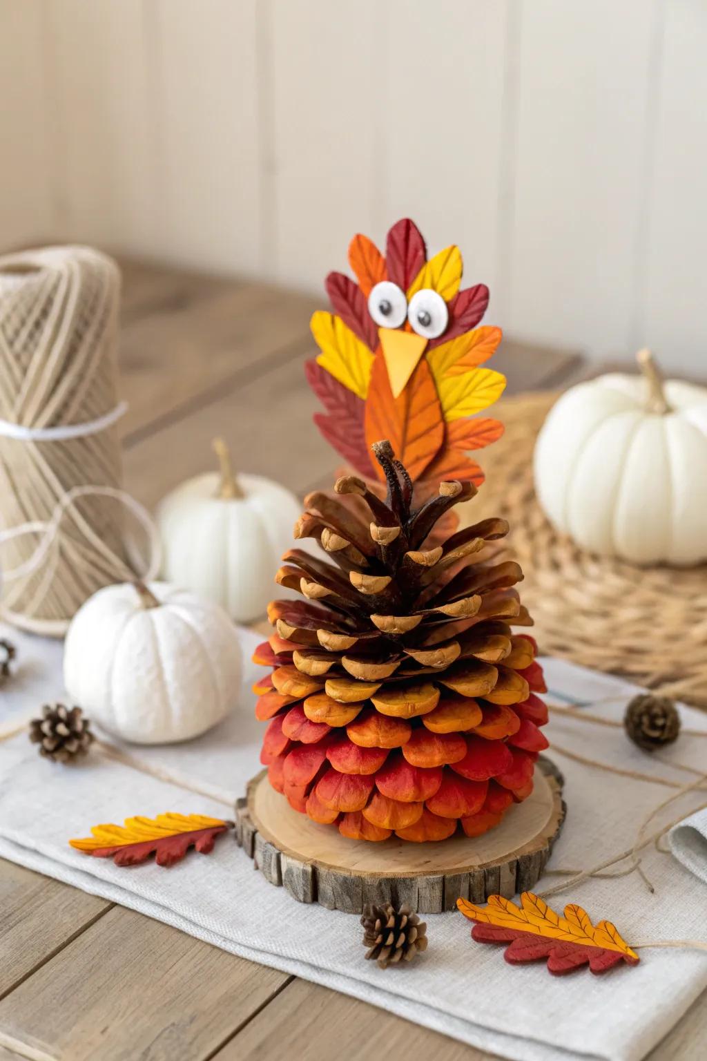 Celebrate Thanksgiving with a charming, handcrafted pinecone turkey centerpiece that combines nature and creativity.