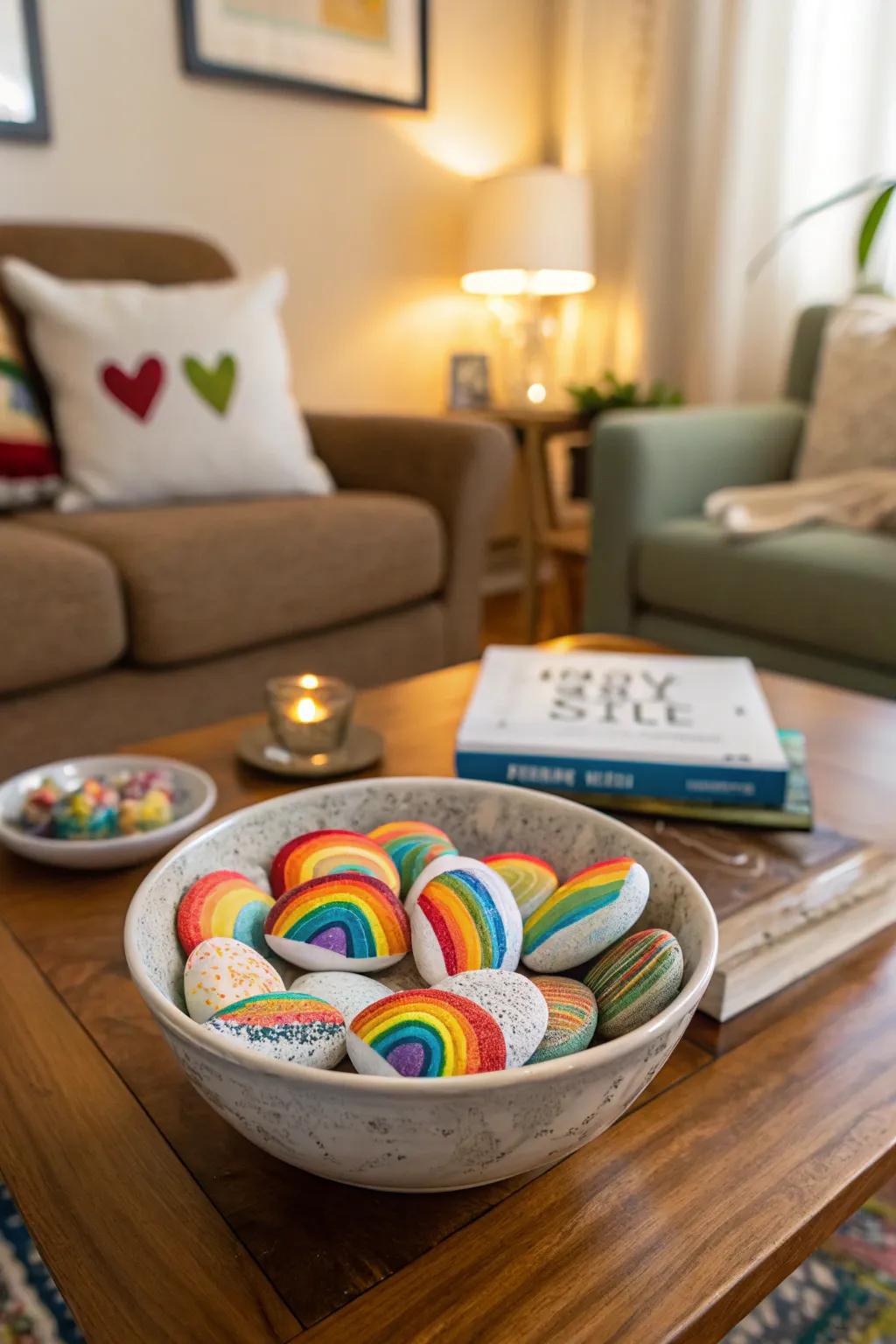 Painted stones with pride designs adding charm to a coffee table.