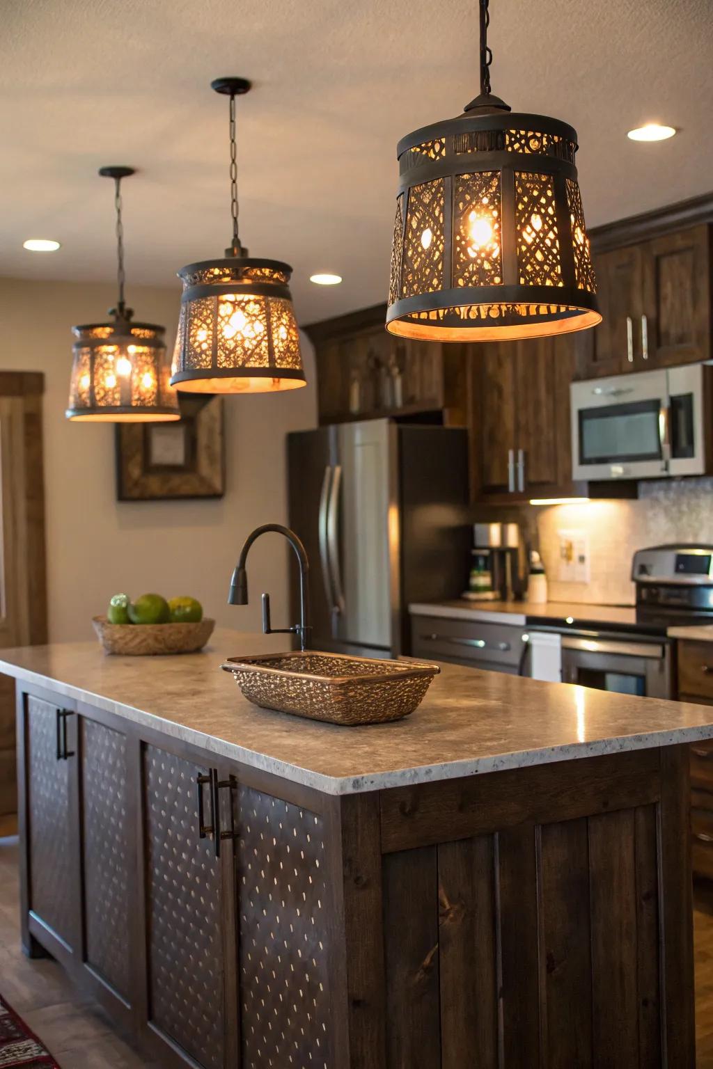 Punched tin pendant lights adding charm above a kitchen island.