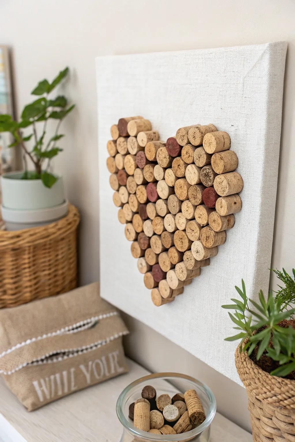 Transform your wine corks into a stunning heart-shaped masterpiece for your living space. Celebrate simplicity and natural beauty with this DIY art project.