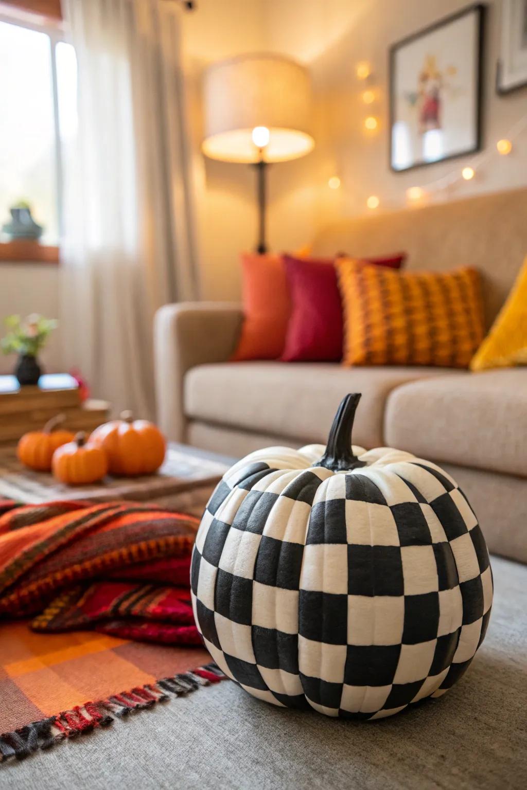 Checkered patterns add a fun and whimsical touch to any pumpkin.