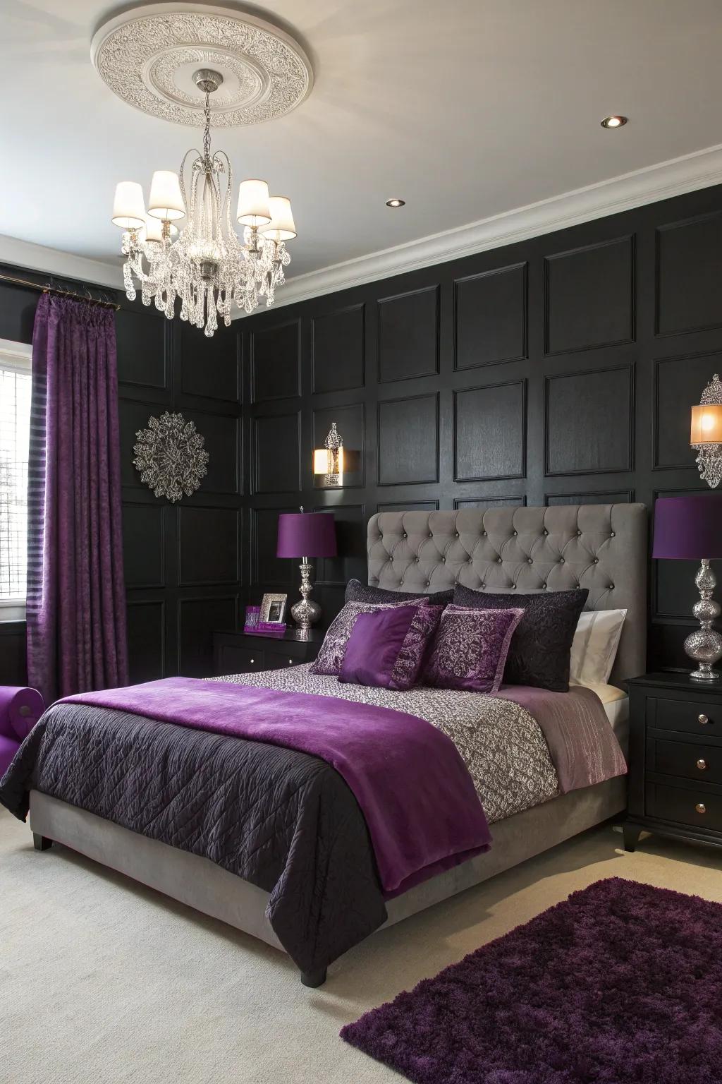 A sophisticated bedroom with black walls and vibrant purple accents.