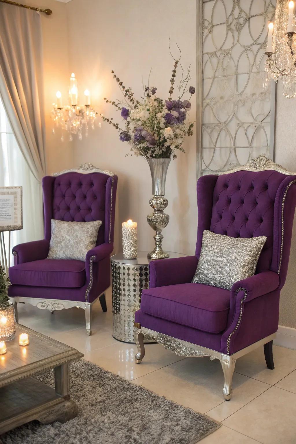 Regal purple accent chairs enhance the room's elegance.