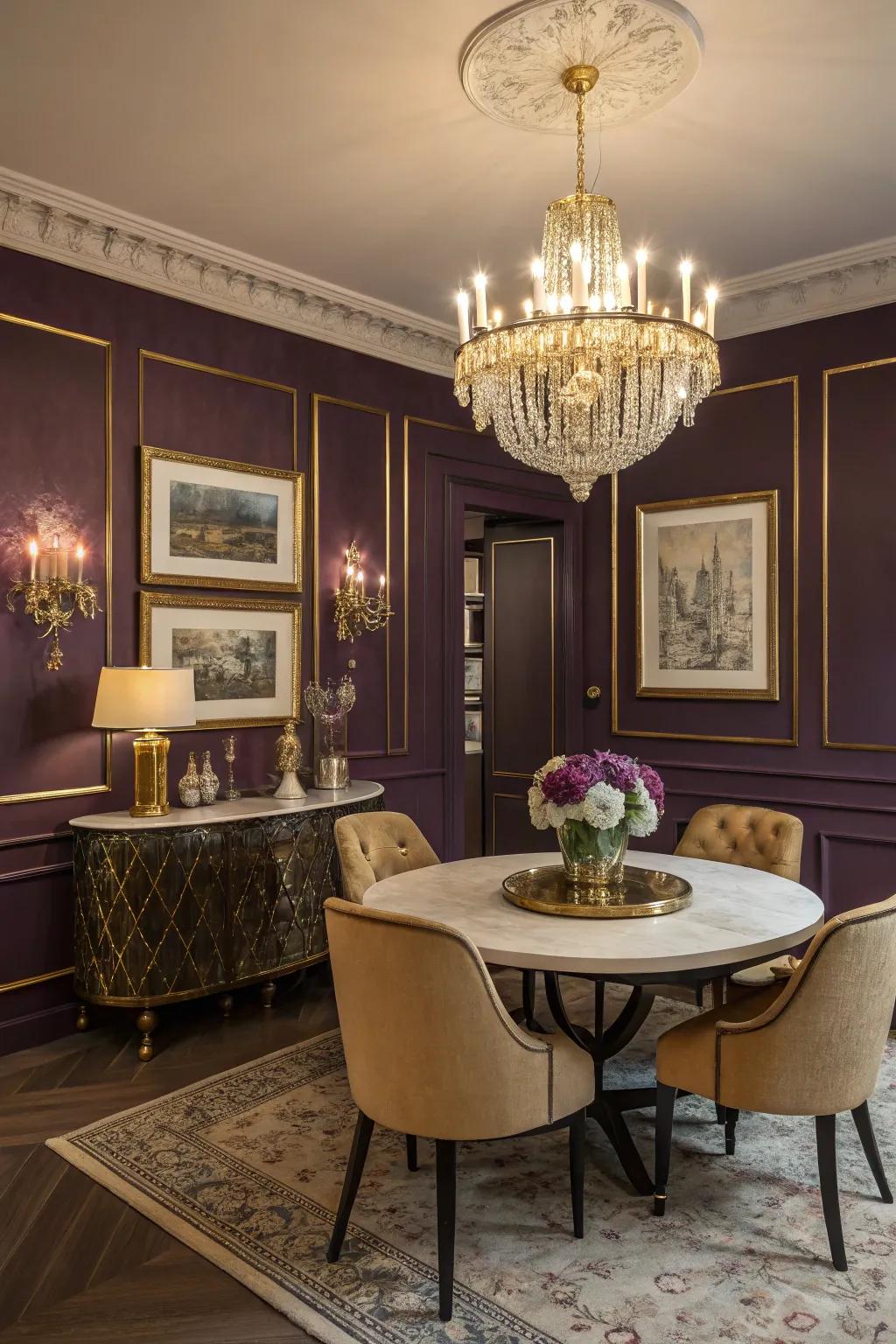 Deep purple walls bring a sense of drama and sophistication.