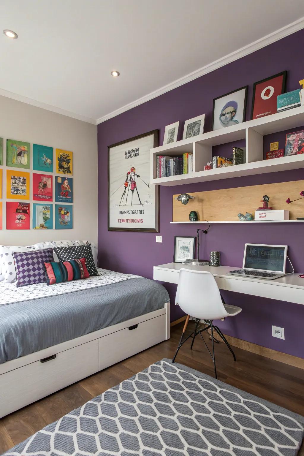 A striking purple feature wall creates a focal point.