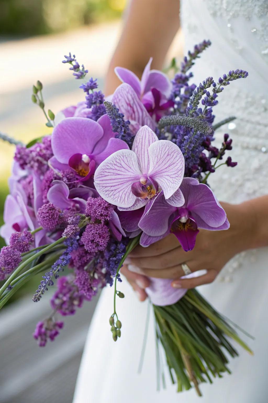 A stunning bouquet featuring purple orchids and lavender.