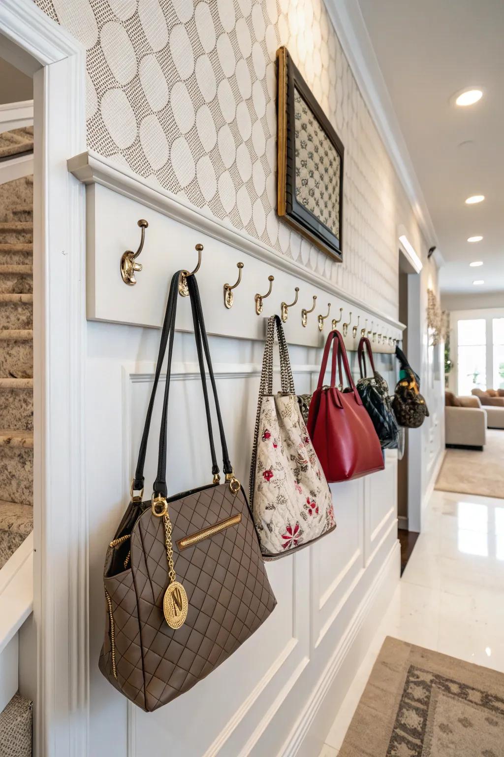 Hooks make purse storage both practical and decorative.