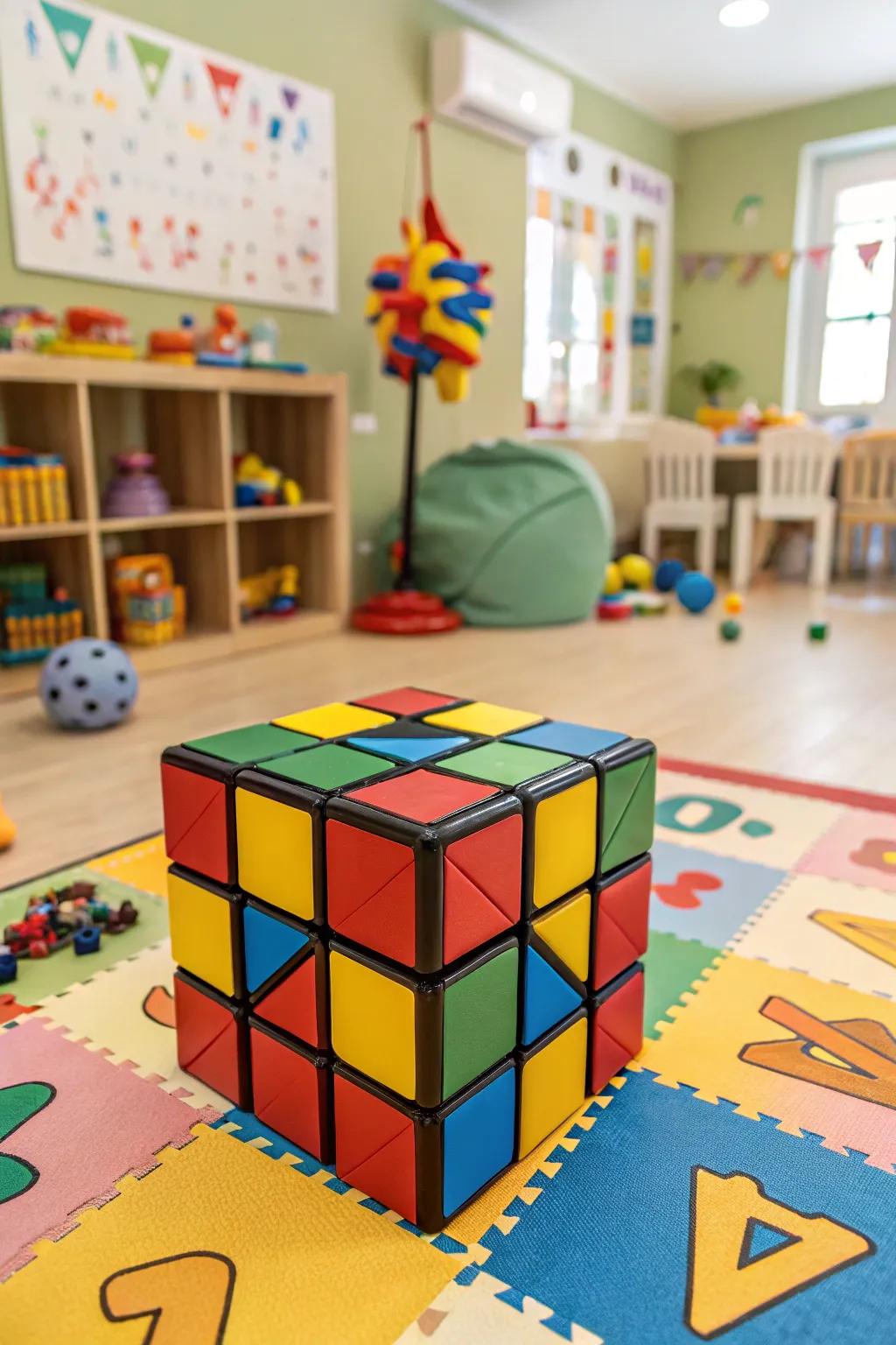 A colorful puzzle cube adds a playful touch to this children's playroom.