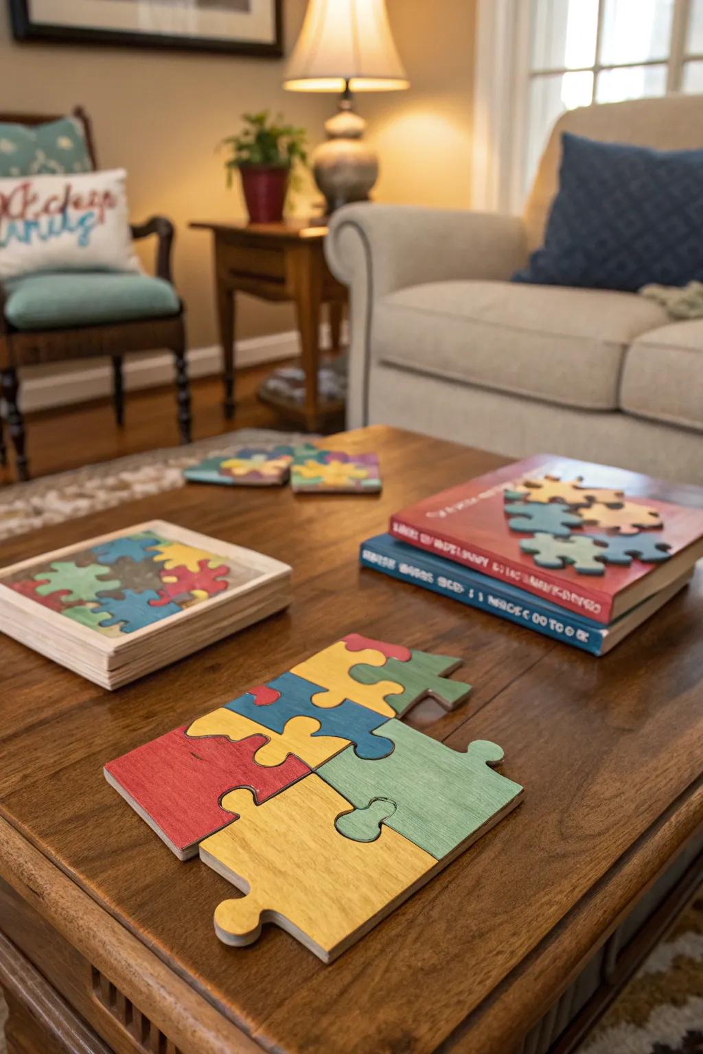 Protect your surfaces with these unique puzzle piece coasters.