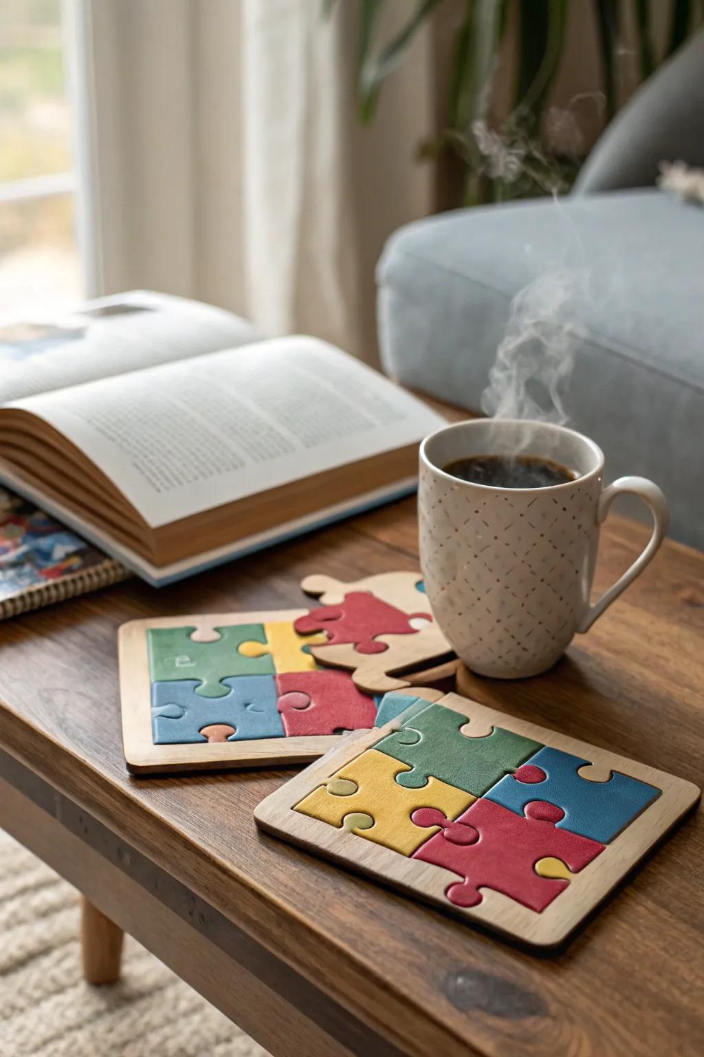 Puzzle piece coasters add a playful touch to any coffee table.