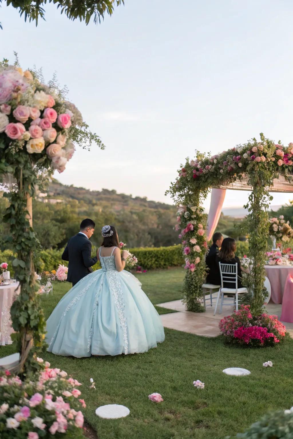 An elegant garden party quinceanera with lush floral decorations in an outdoor setting.