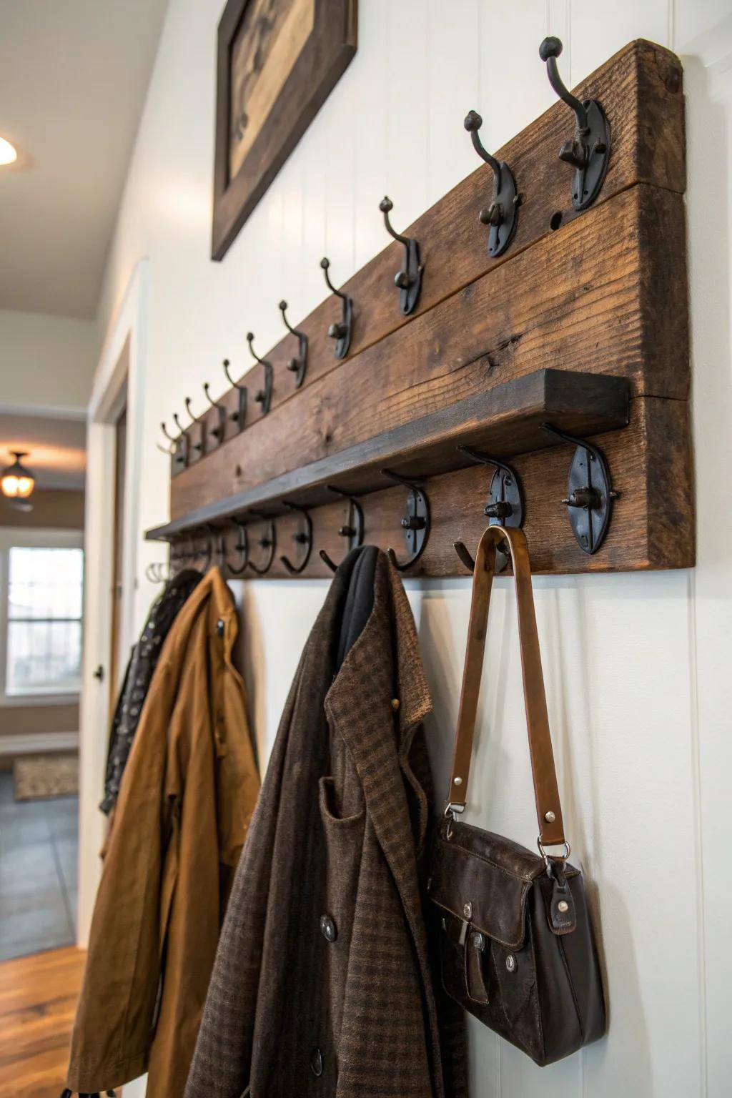Elevate your entryway with a handcrafted railroad spike coat rack that combines rugged elegance with practical style.