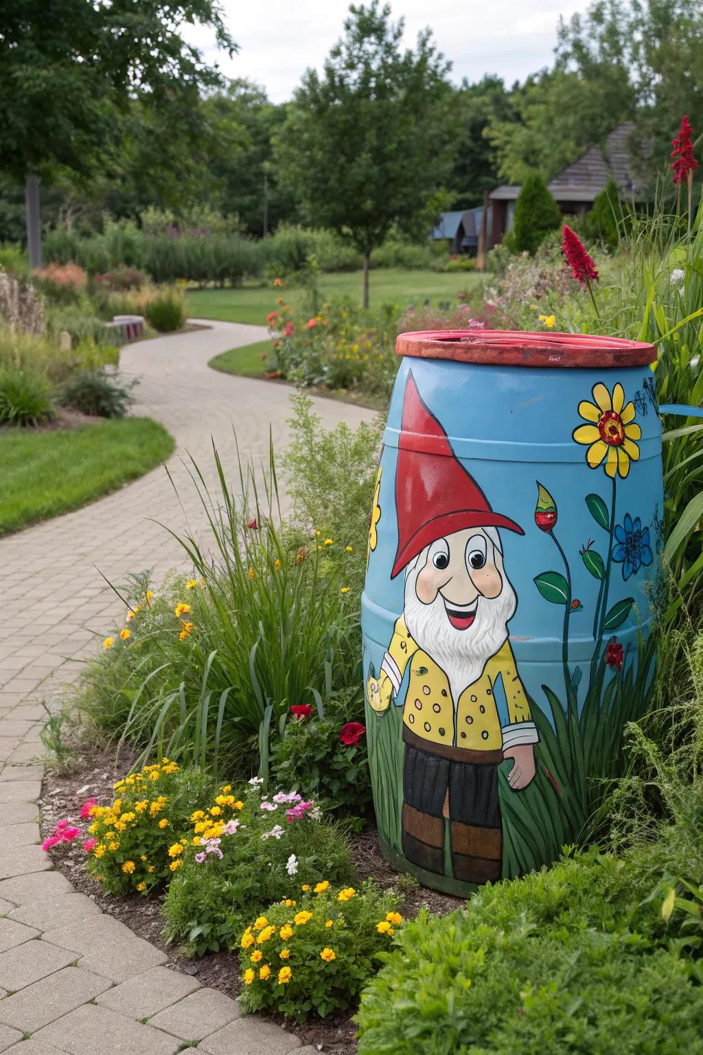 An artistic paint job can transform your rain barrel into a charming garden character.