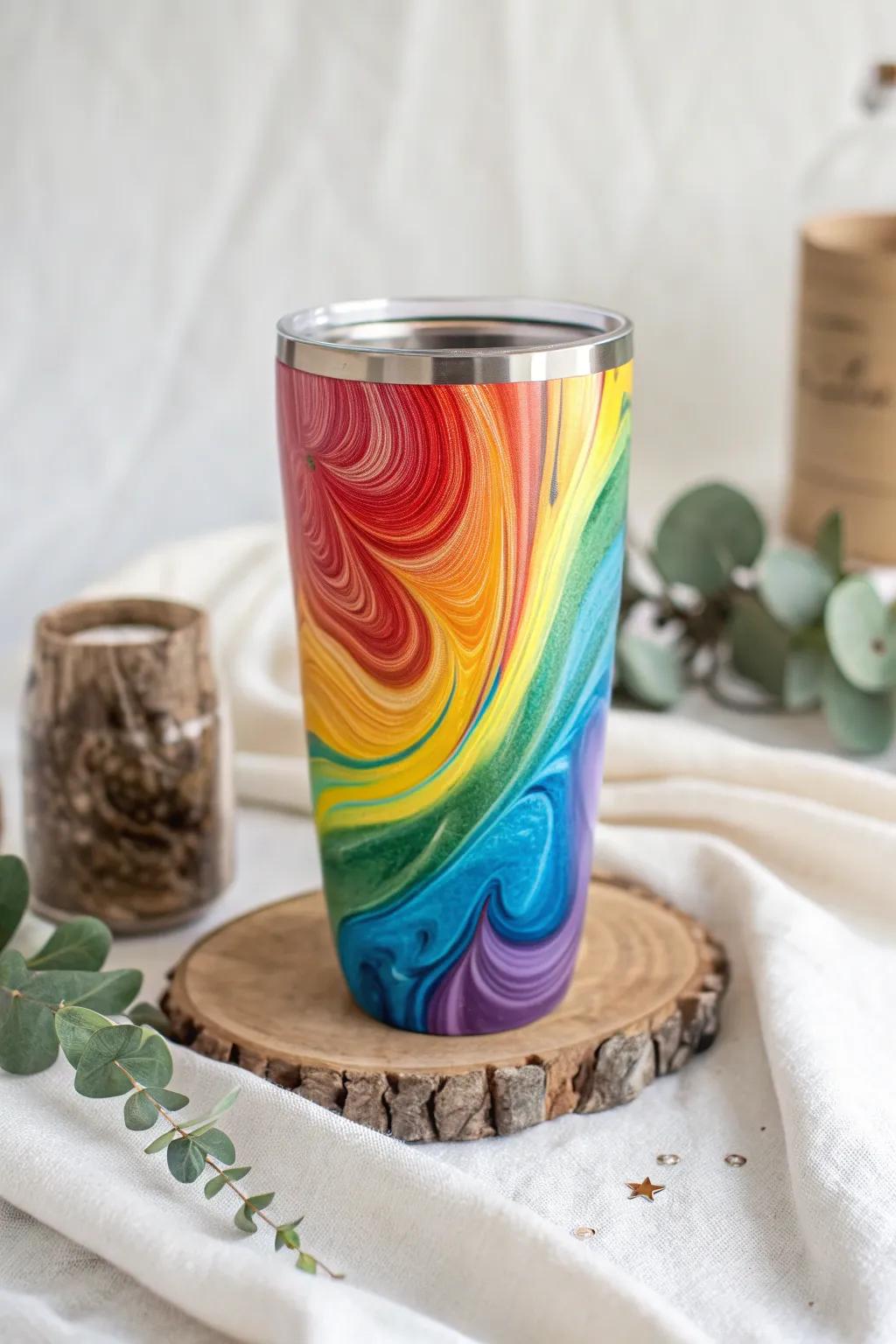 Capture the beauty of the rainbow with this enchanting alcohol ink tumbler, a perfect blend of artistry and nature.
