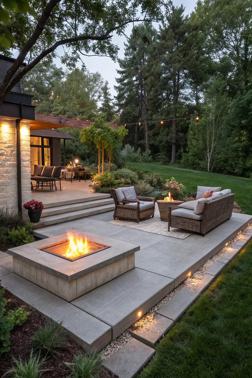 A fire pit adds warmth and a focal point to this raised concrete patio.