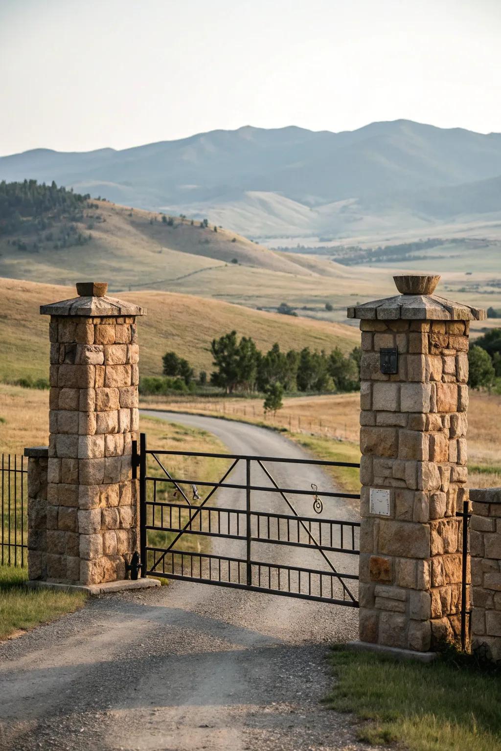 Stone pillars add an element of grandeur to this ranch entrance.