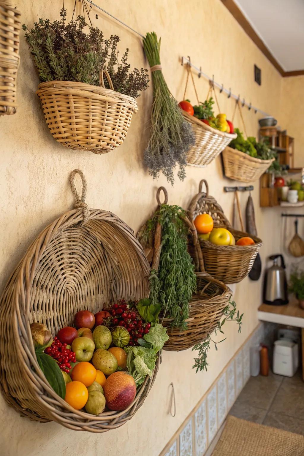 Rattan baskets add texture and storage to your kitchen.