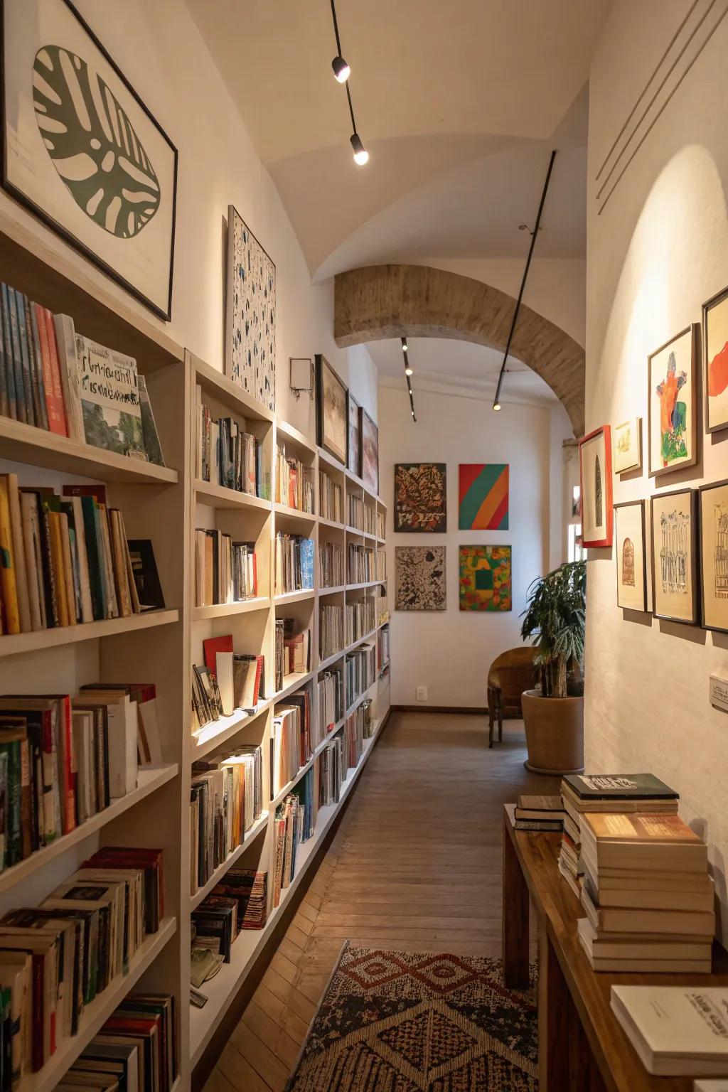 Art and books create a vibrant, inspiring atmosphere.