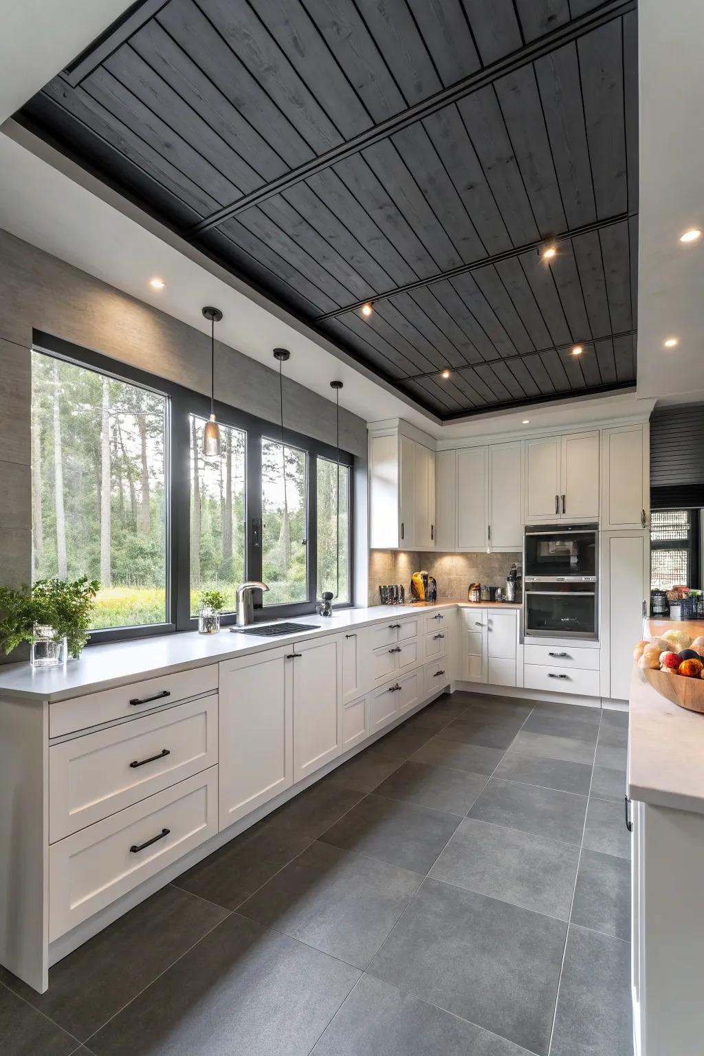 A modern kitchen featuring a striking gray recessed ceiling.