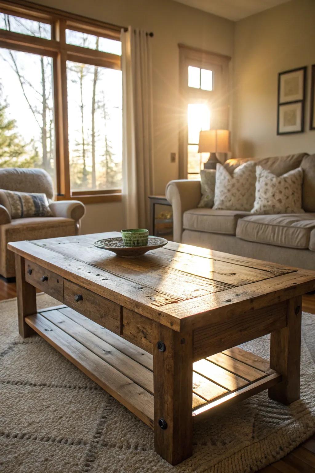 A reclaimed wood coffee table adds charm and character to any living room.