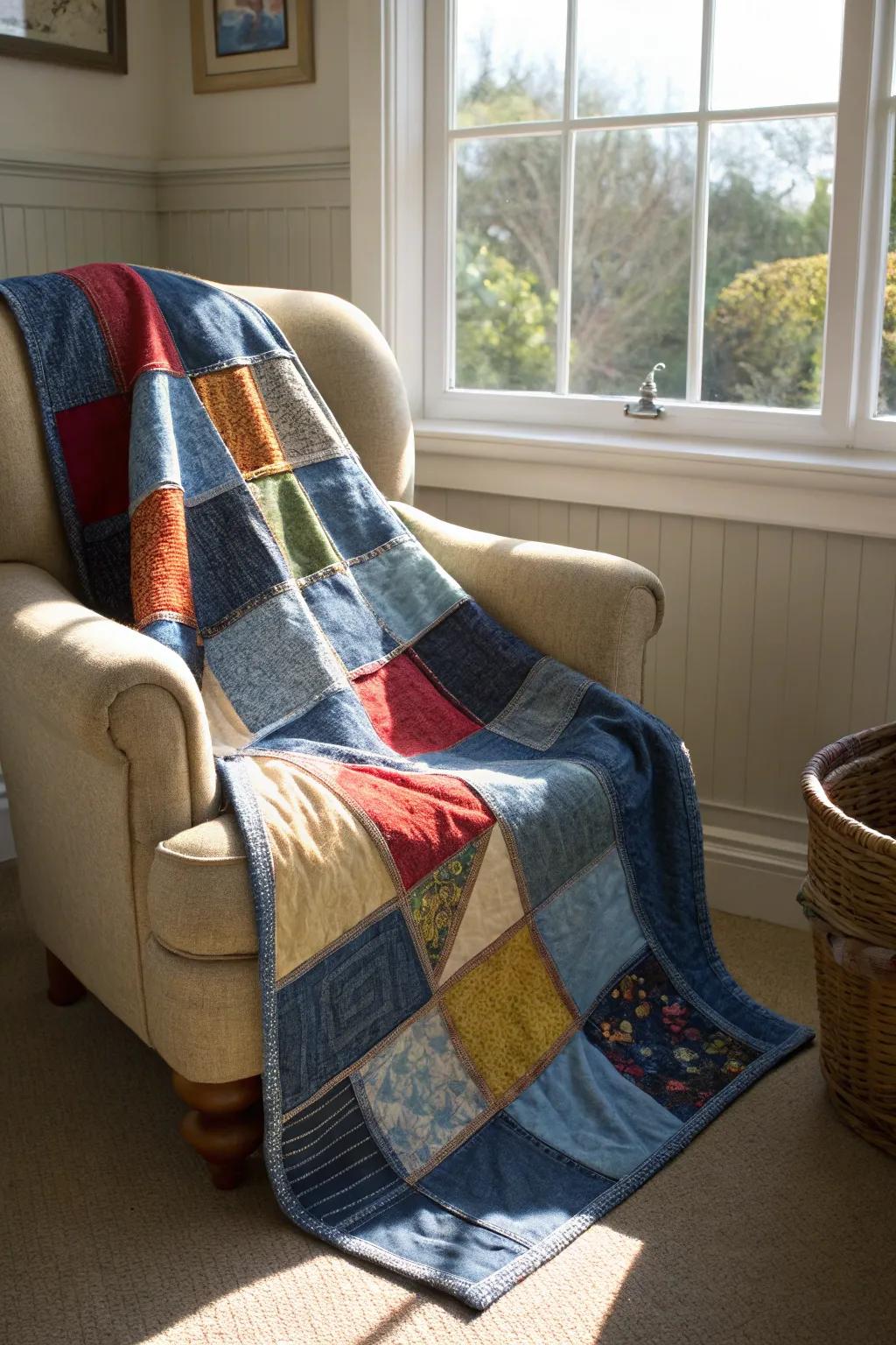 A patchwork quilt made from recycled jeans adds warmth and style.