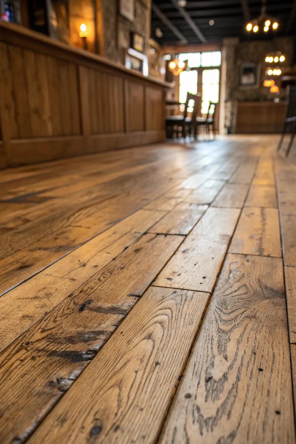 Embrace the rustic charm of history with reclaimed wood flooring that tells a story.