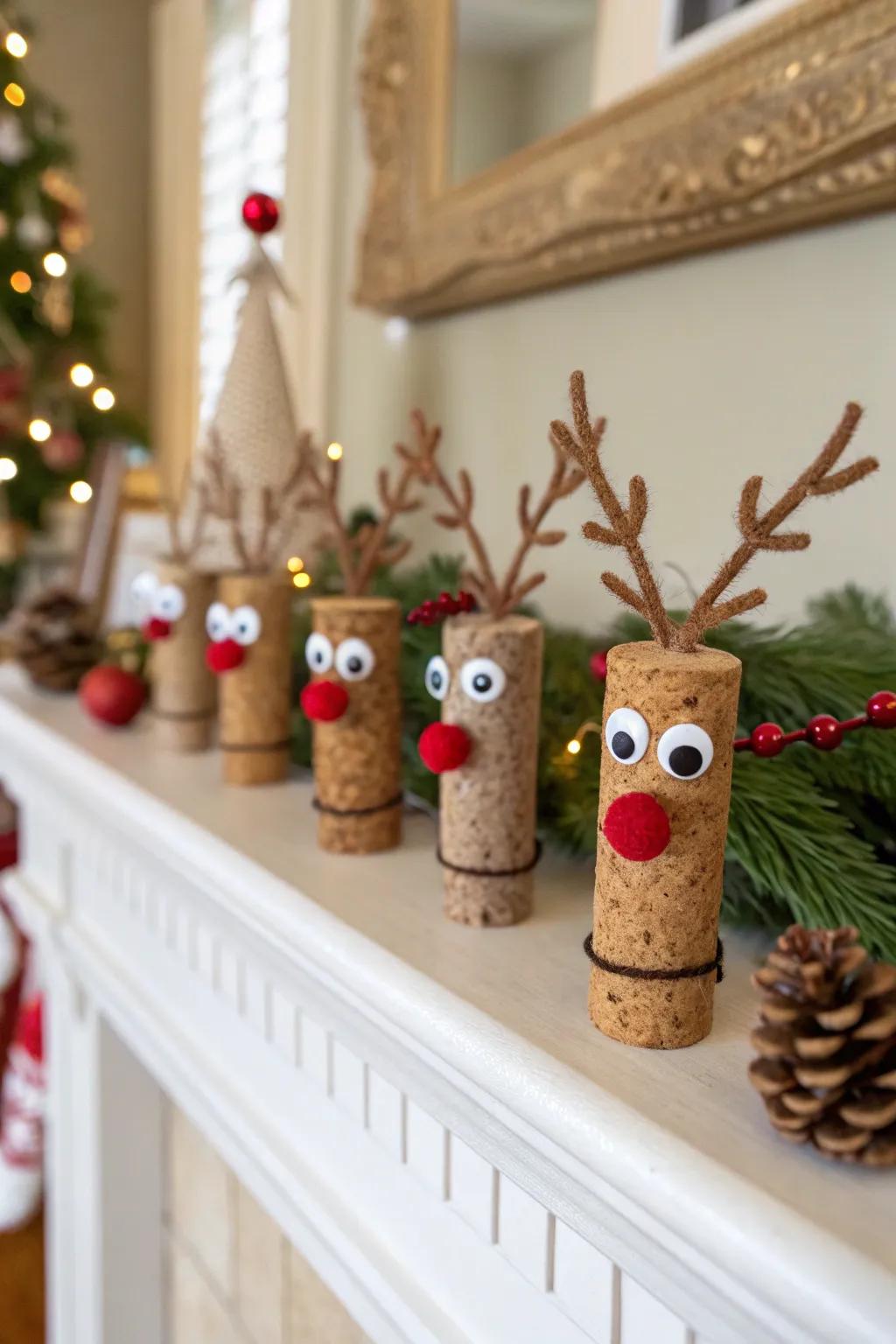 Whimsical reindeer crafted from wine corks add charm to your decor.