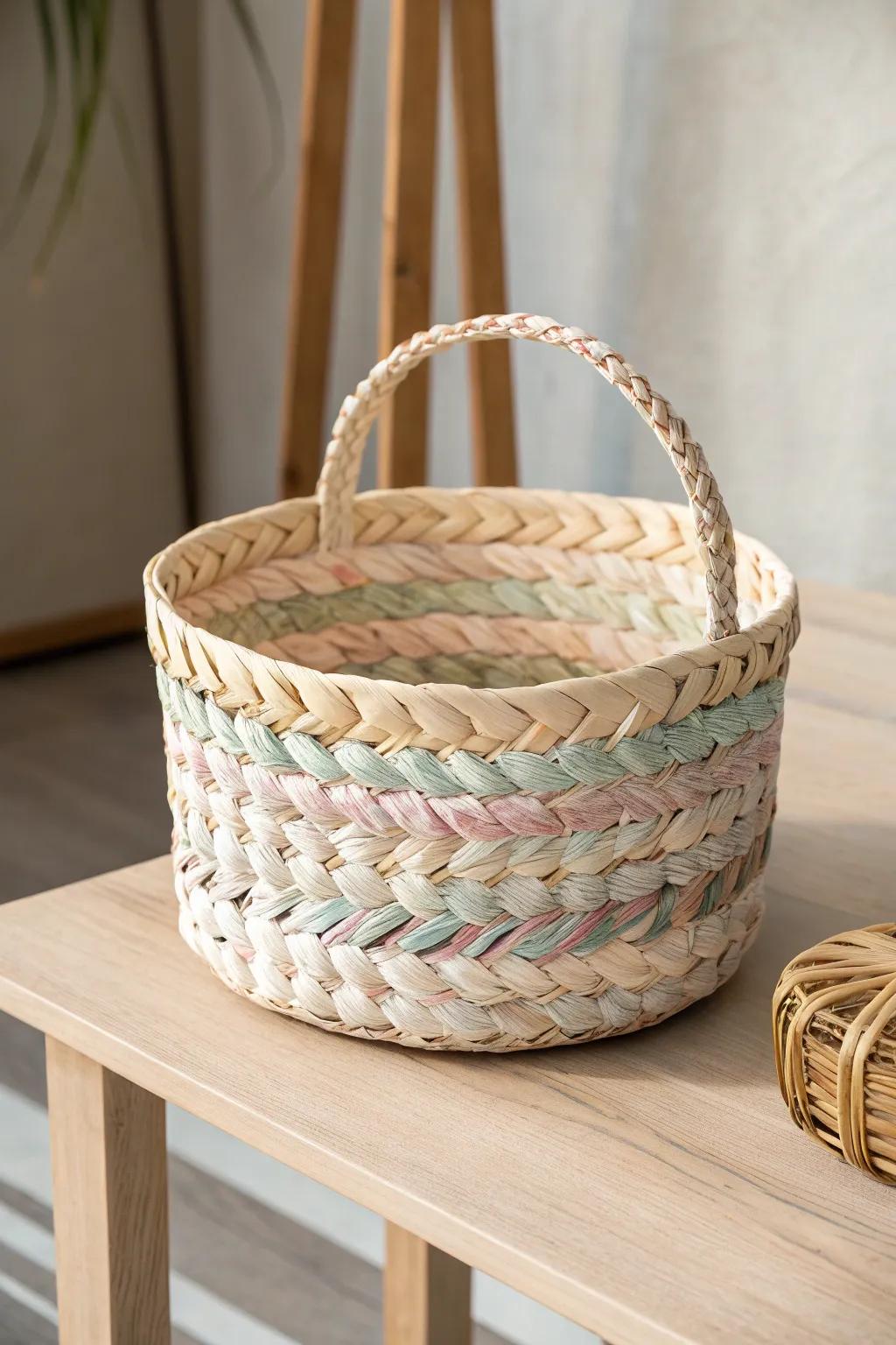 Embrace eco-friendly elegance with this stunning weaved paper basket, where simplicity meets craftsmanship.