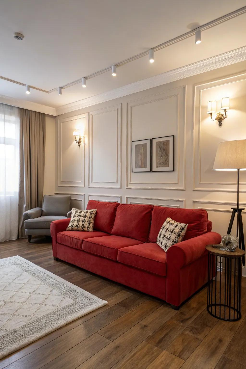 A red sofa makes a bold statement in this chic living room.