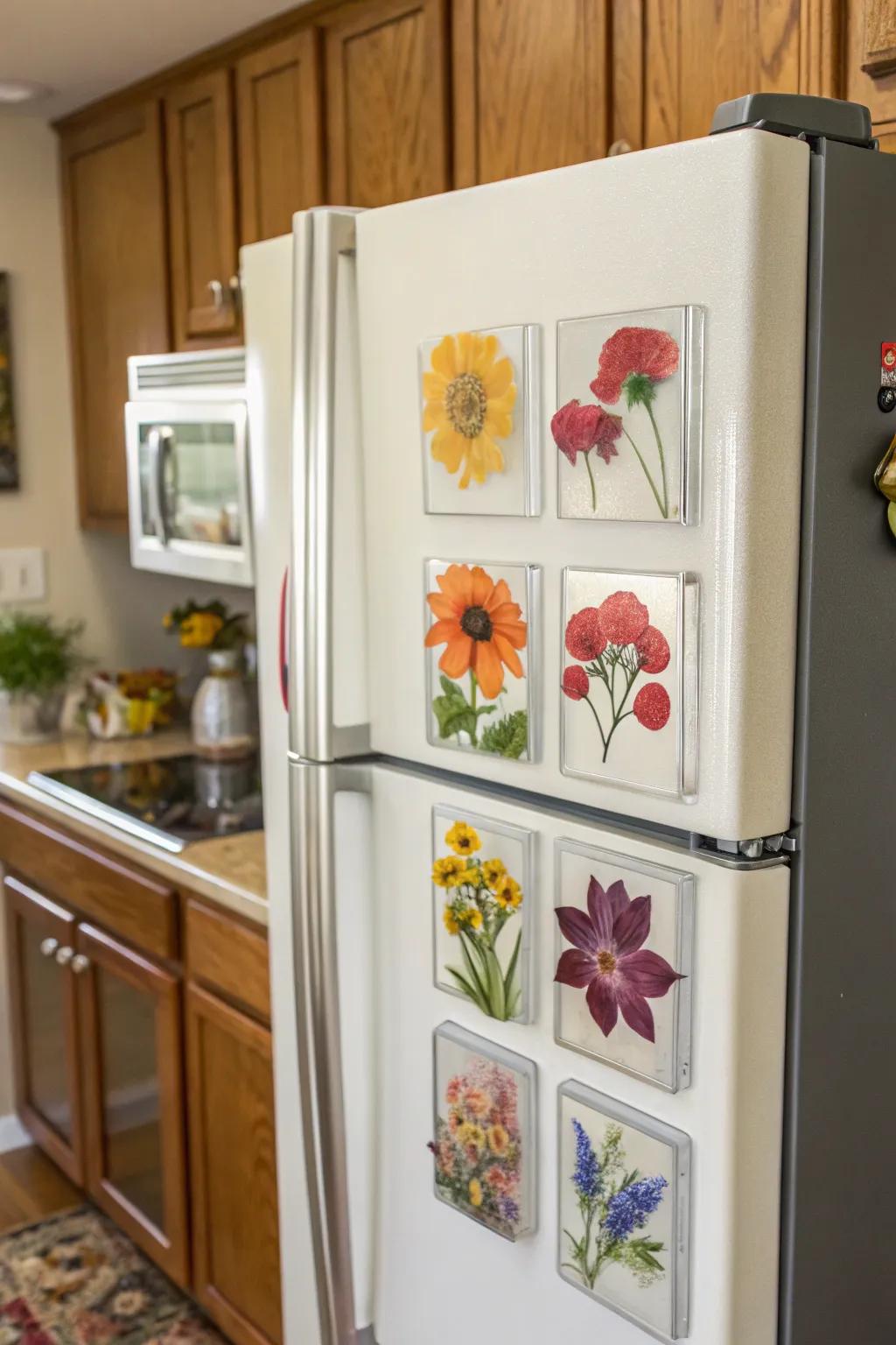 Pressed flower magnets add natural charm to your refrigerator.