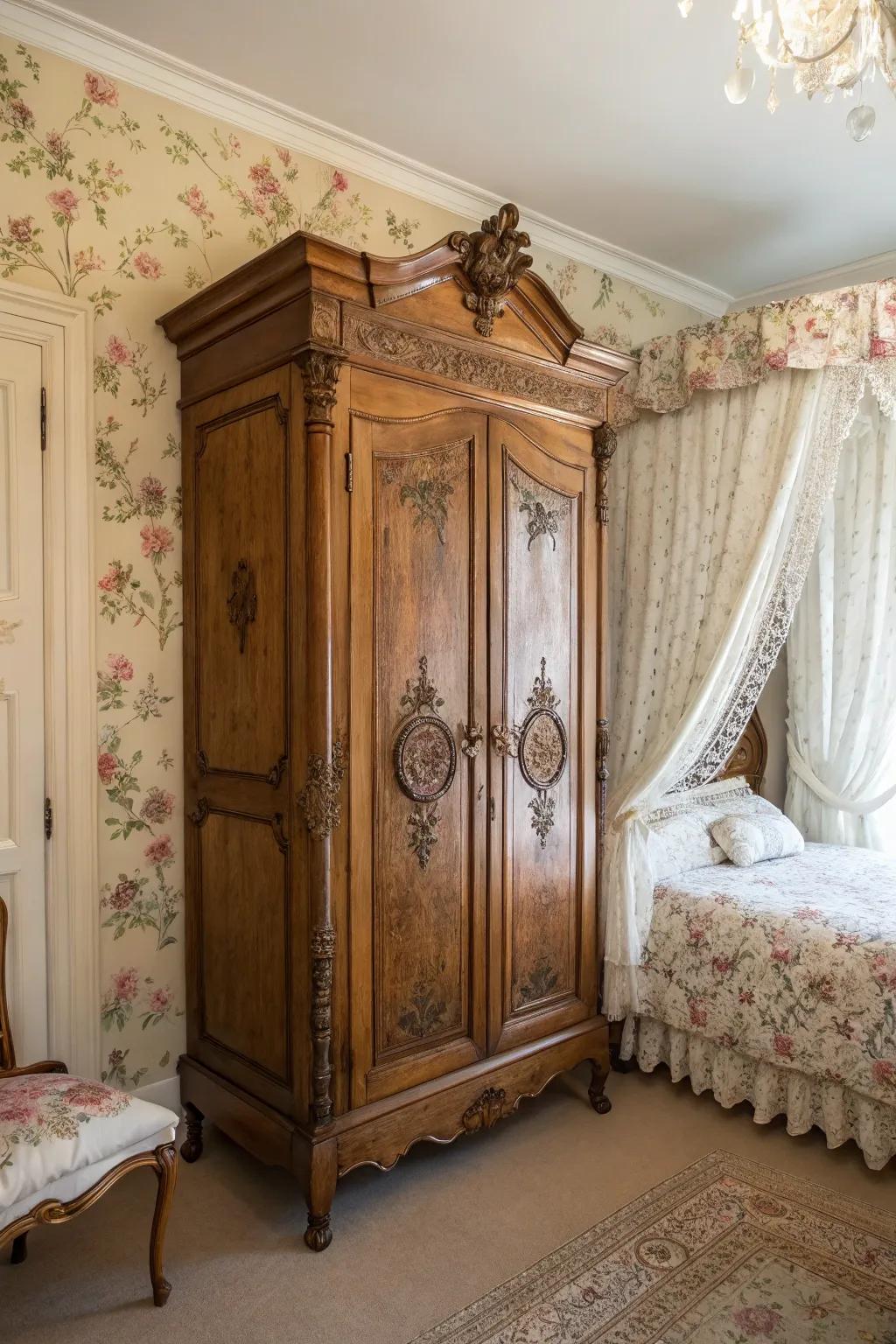 Wallpaper transforms the interior of an armoire, adding charm and surprise.