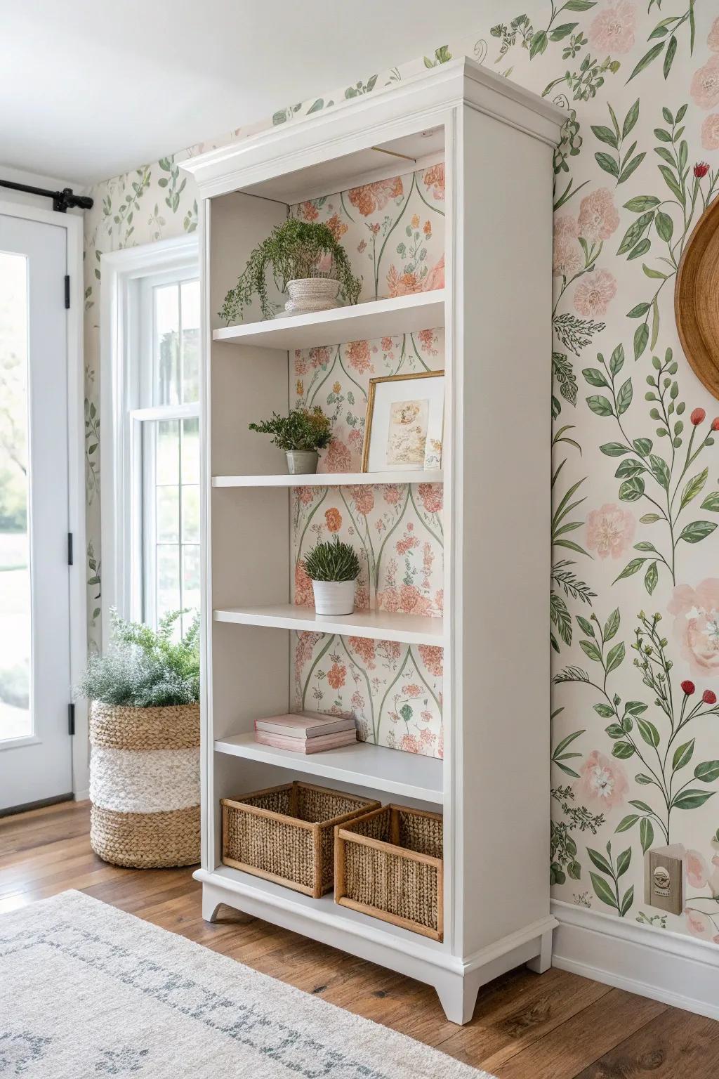 Elevate your space with a floral flourish: a simple wallpaper update for a stunning bookshelf transformation.