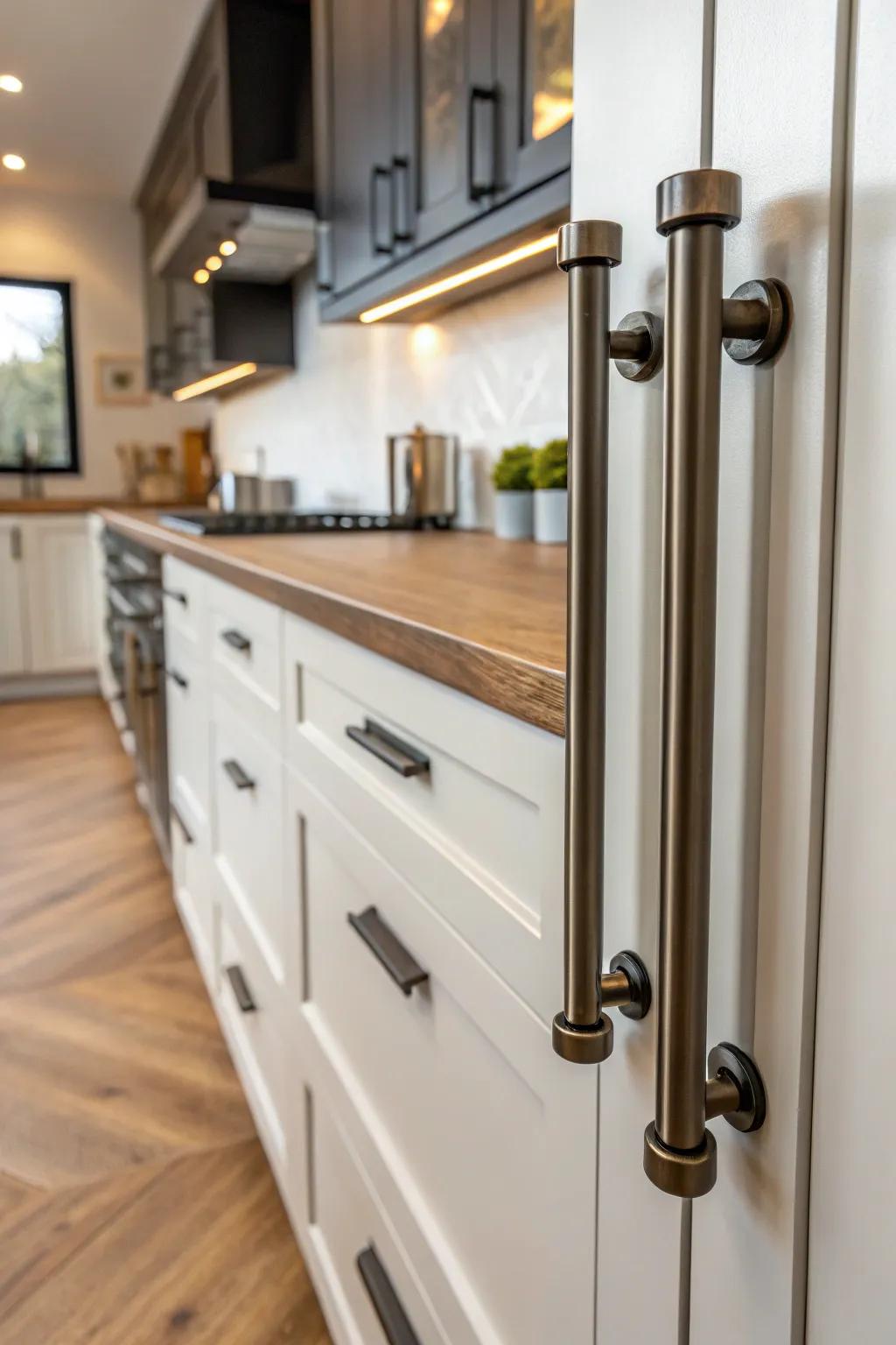 Modern cabinet hardware adds a sleek touch to rental kitchen cabinets.