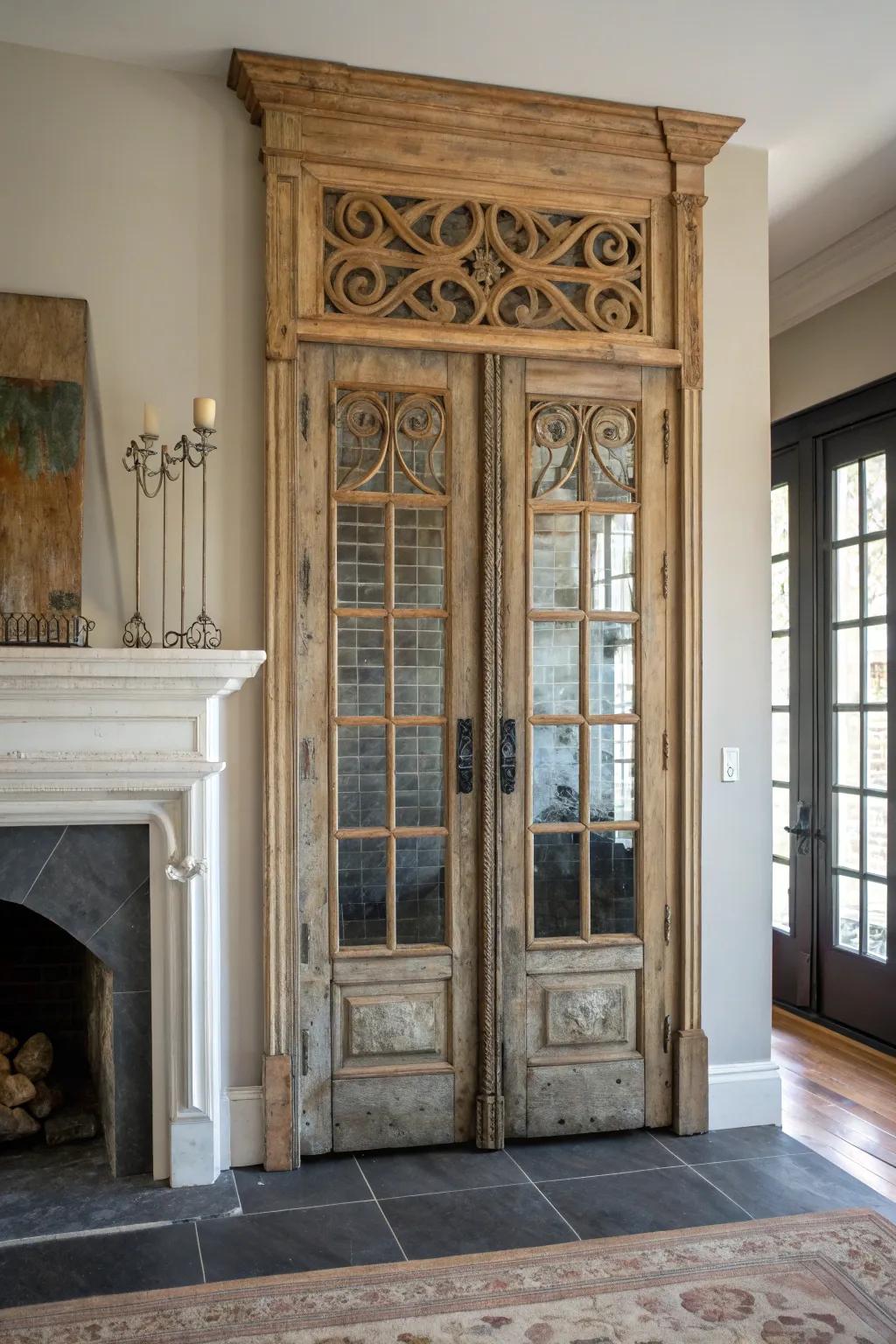 Transform your space with the timeless charm of repurposed French doors, crafting a captivating focal point with a touch of vintage elegance.