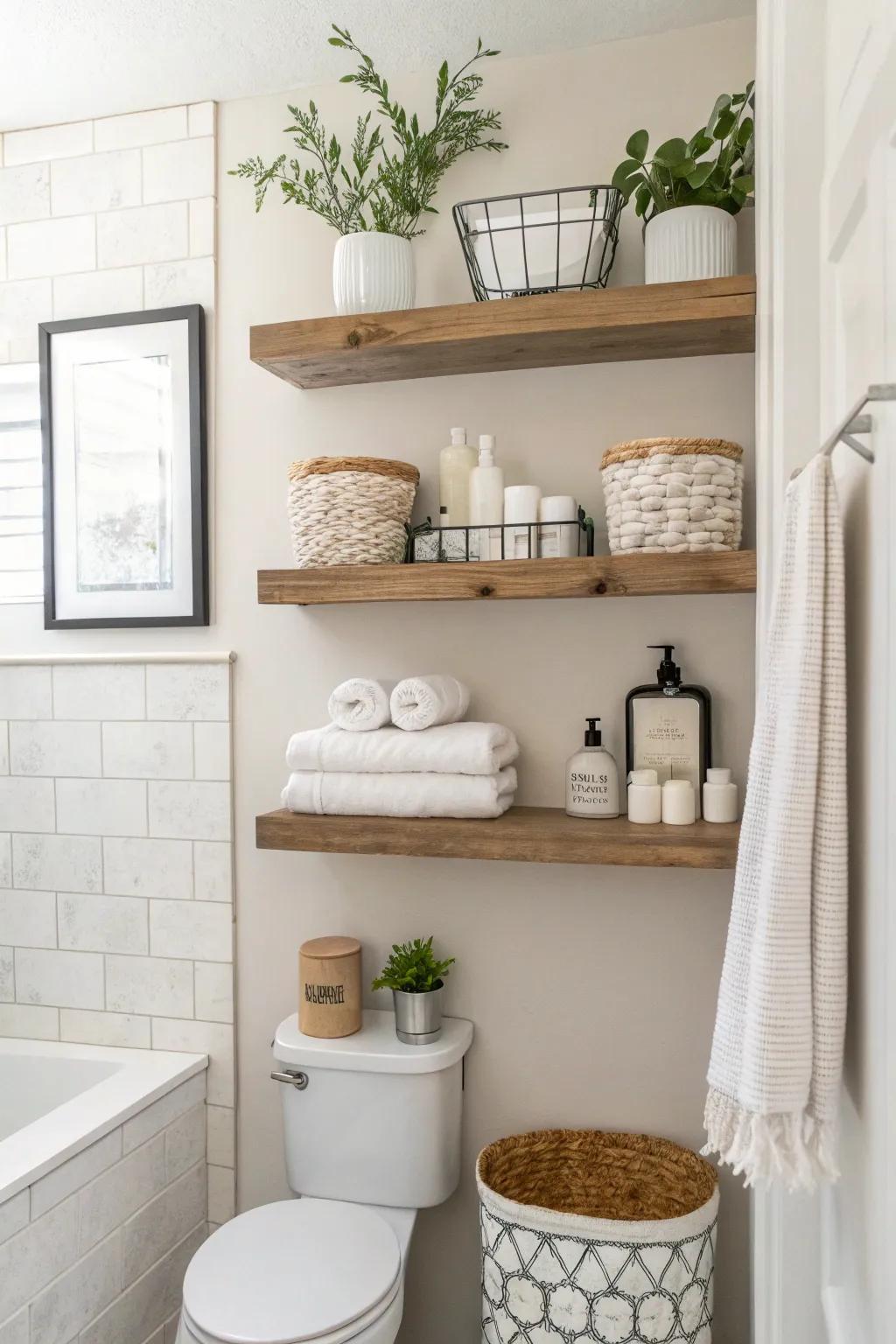 Floating shelves provide stylish storage without taking up floor space.