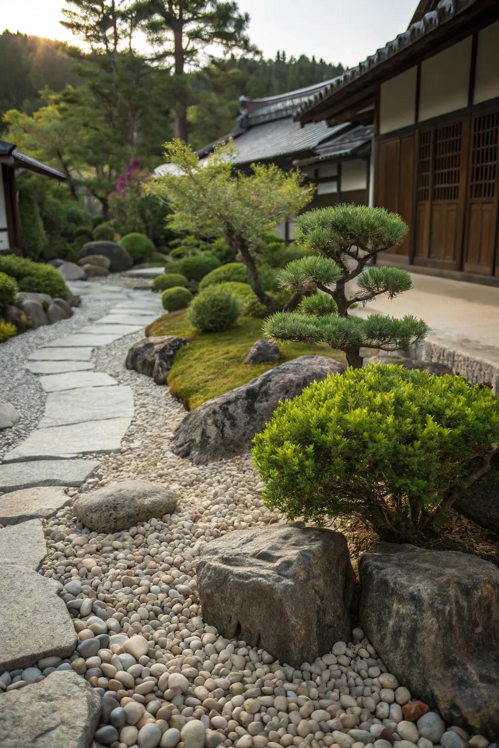 Small shrubs bring life and color to a rock garden.