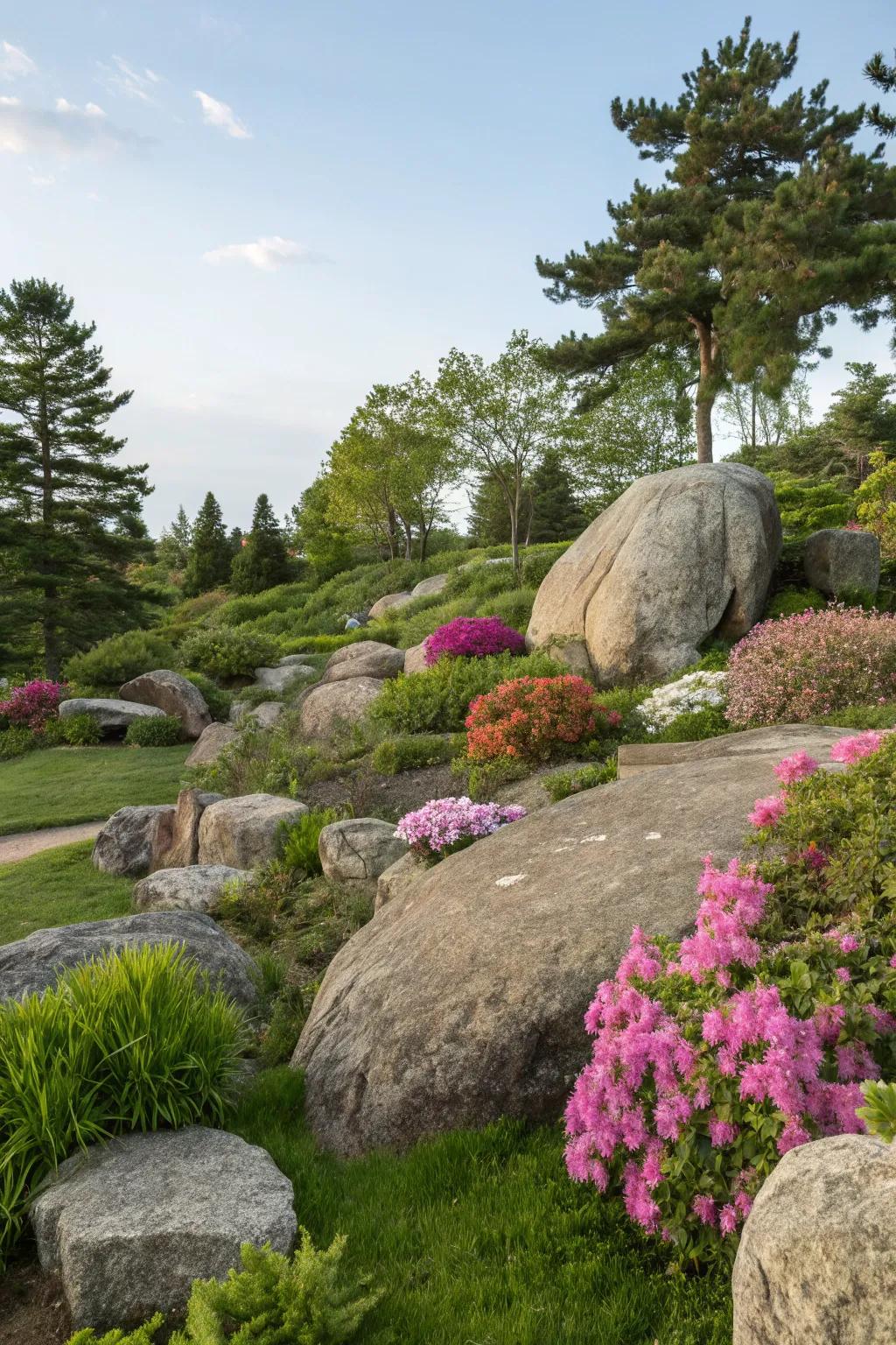 Boulders serve as stunning focal points in this beautifully designed garden.