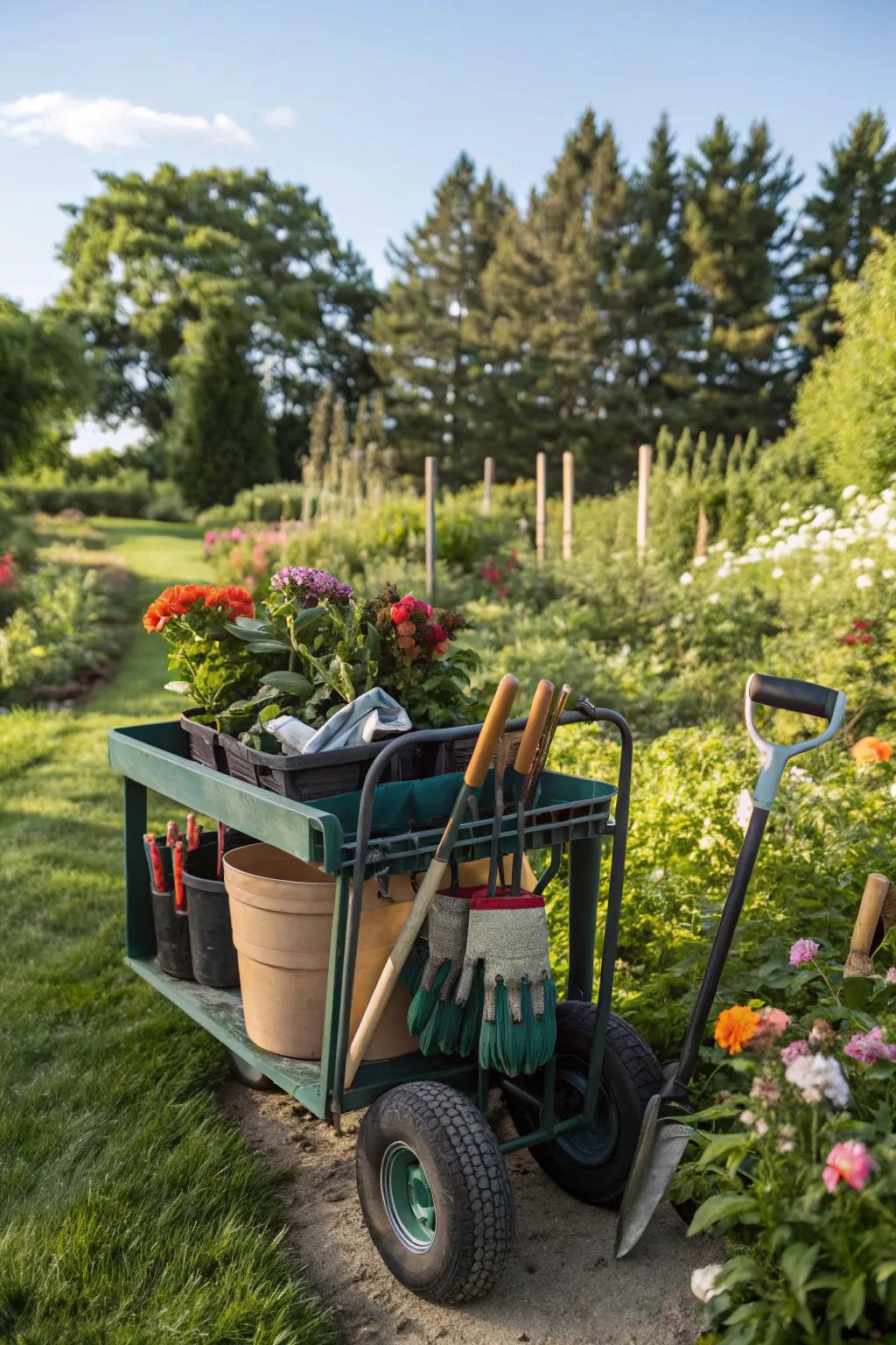 A gardener's mobile hub for all essential tools and supplies.