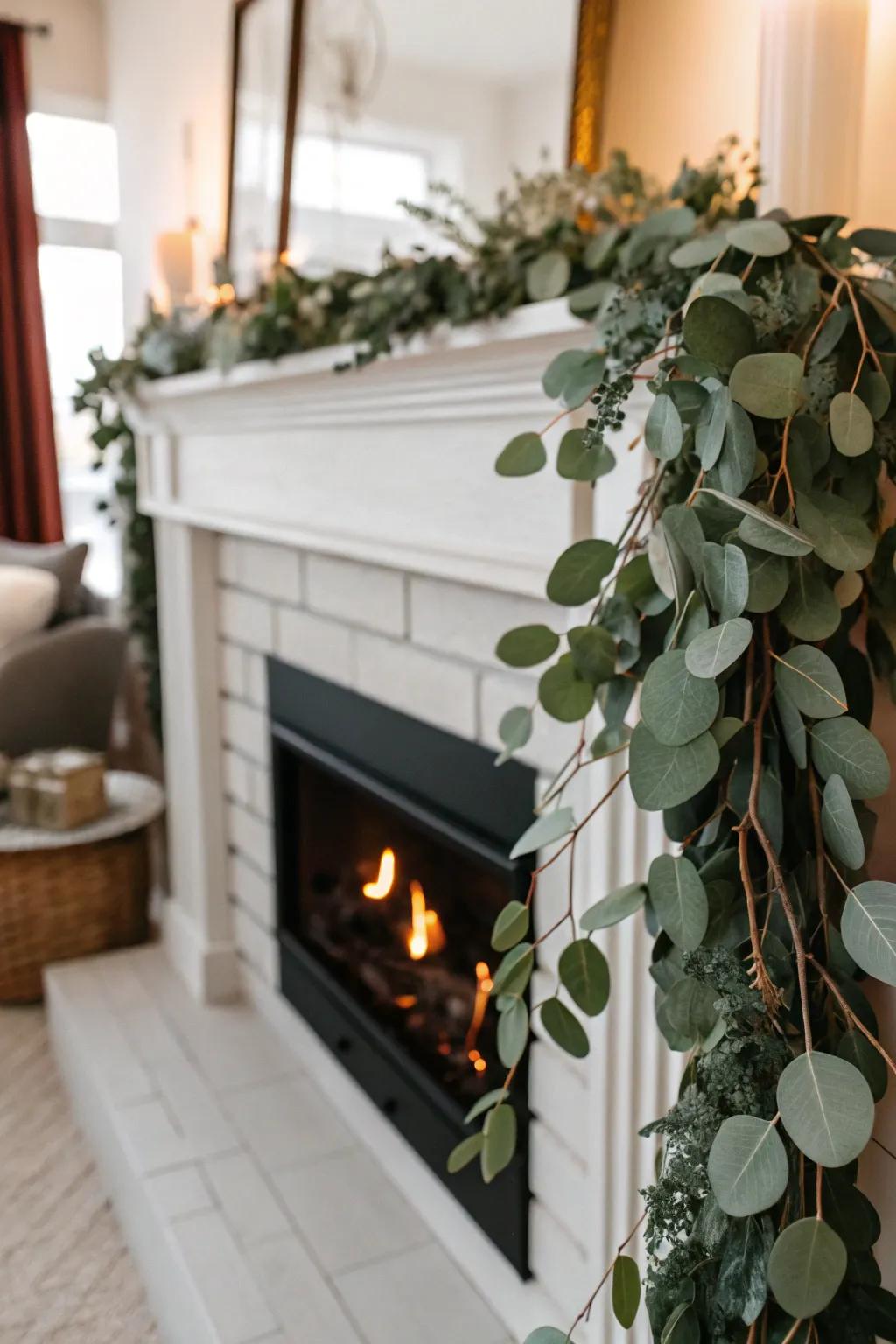 Mantelpiece decor with faux eucalyptus leaves.