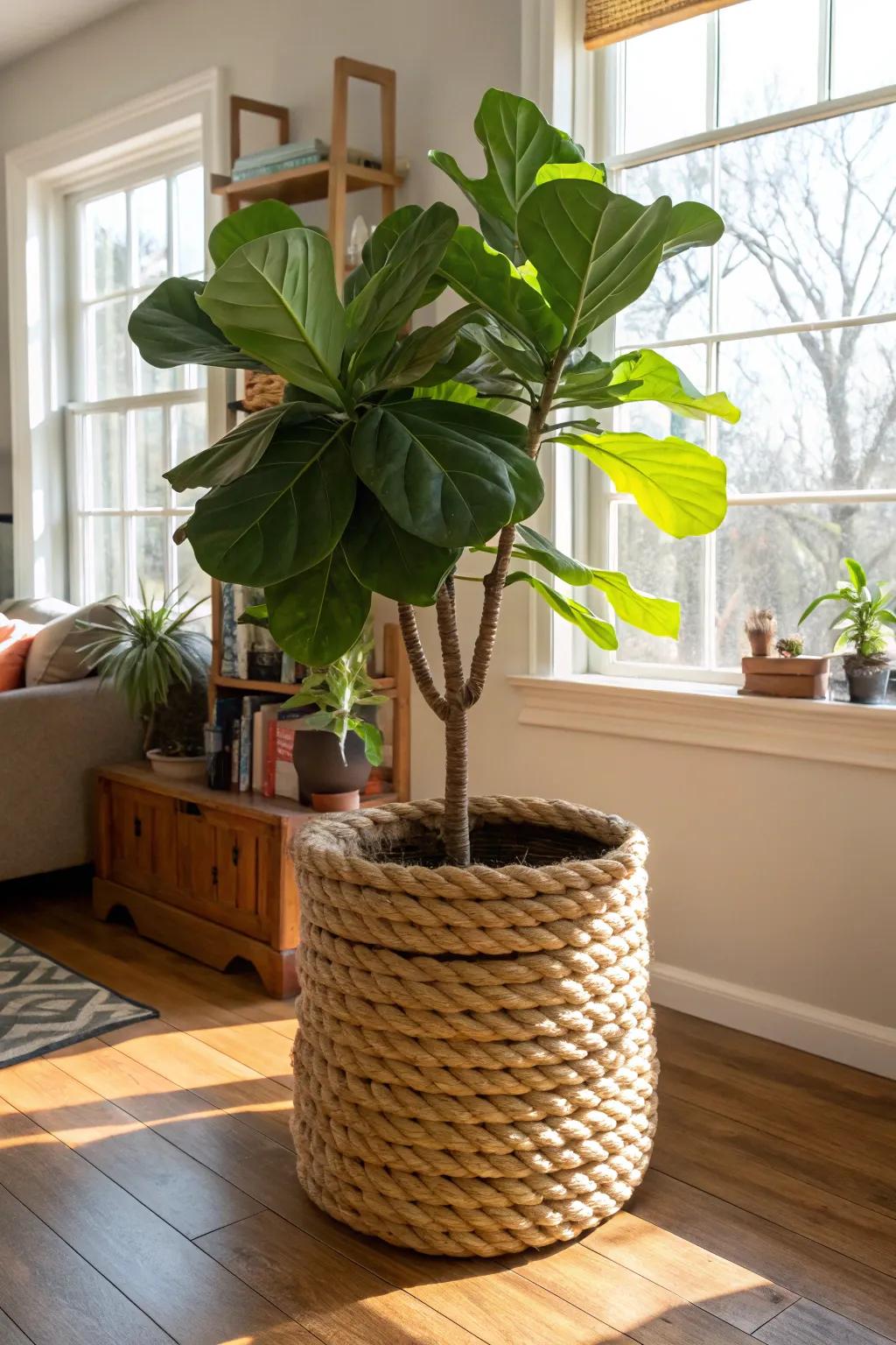 A rope basket planter brings nature indoors stylishly.